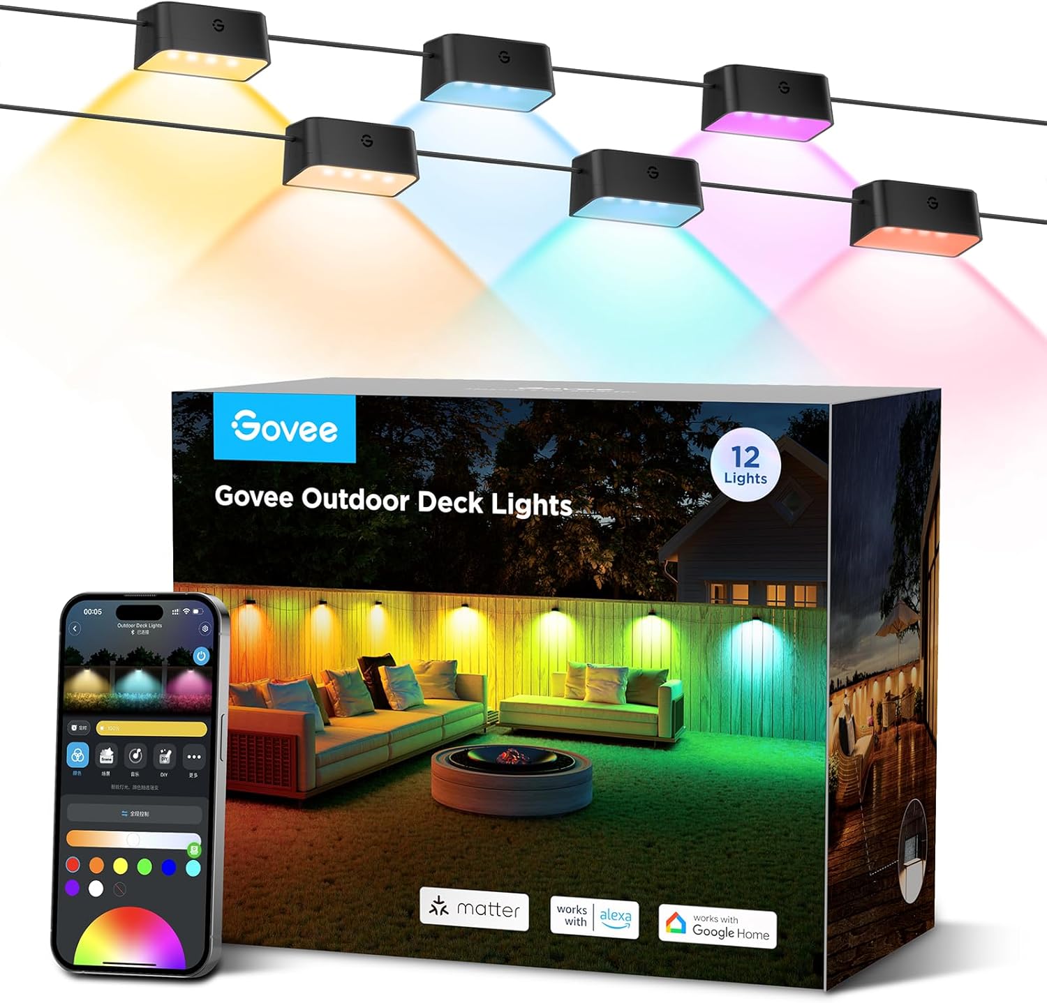 Govee Outdoor Deck Lights, Multicolor Outdoor Fence Lights, IP65 Waterproof Outdoor Lights with Smart Control, Preset Sences, Music Mode for Patio Decor, Wired 12 Packs (72ft)