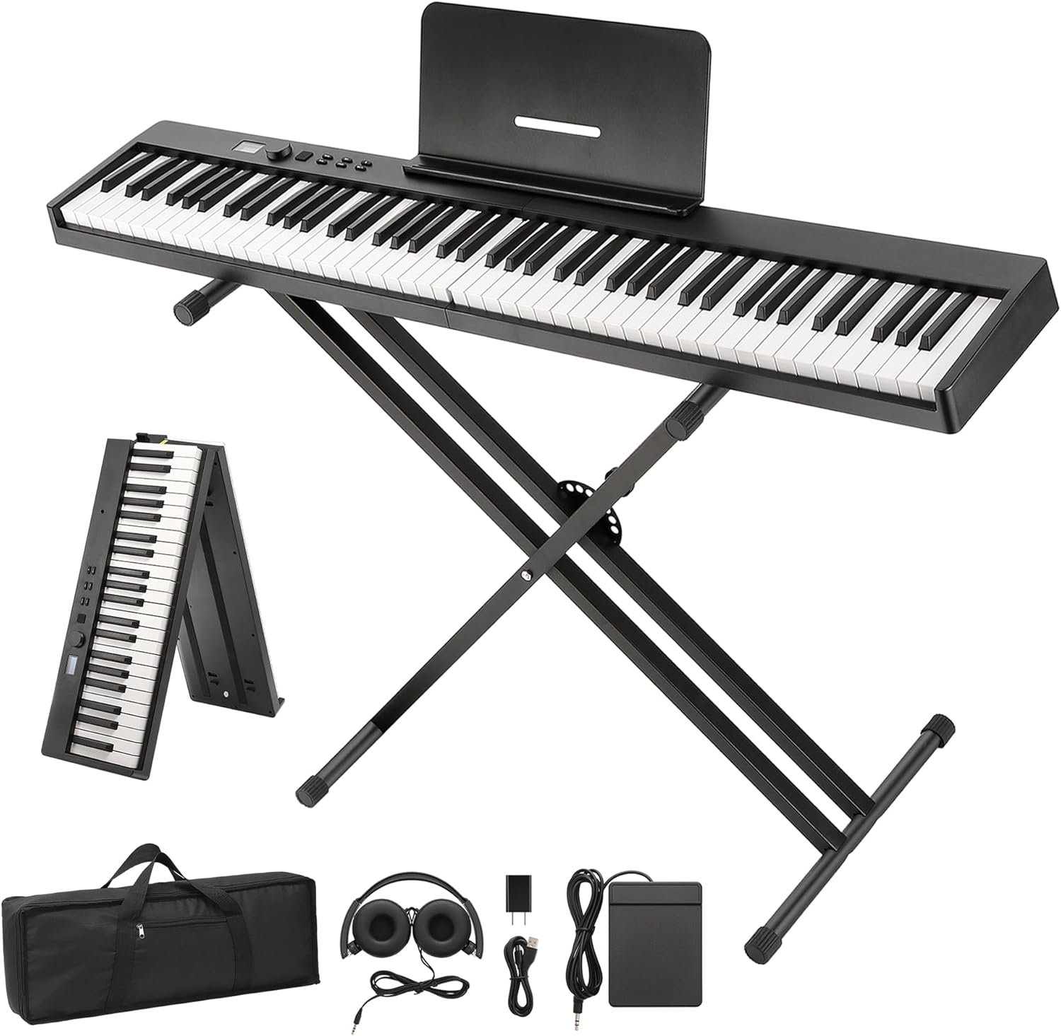 88 Key Weighted Keyboard Piano, Full Size Digital Piano with Sustain Pedal, Power Supply, Carrying Bag, Music Stand, Foldable Keyboard Suitable for Beginners Adults Professional