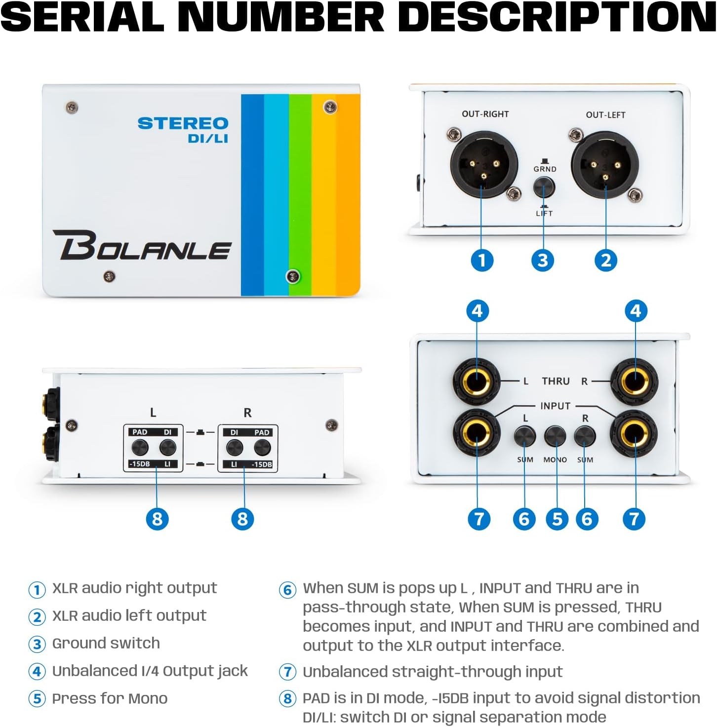 Bolanle Passive Dual Channel Direct Box and Line Isolator DI/LI Switch, Stereo/Mono DI Box for Guitar, Bass, Keyboard, Studio/Stage XLR