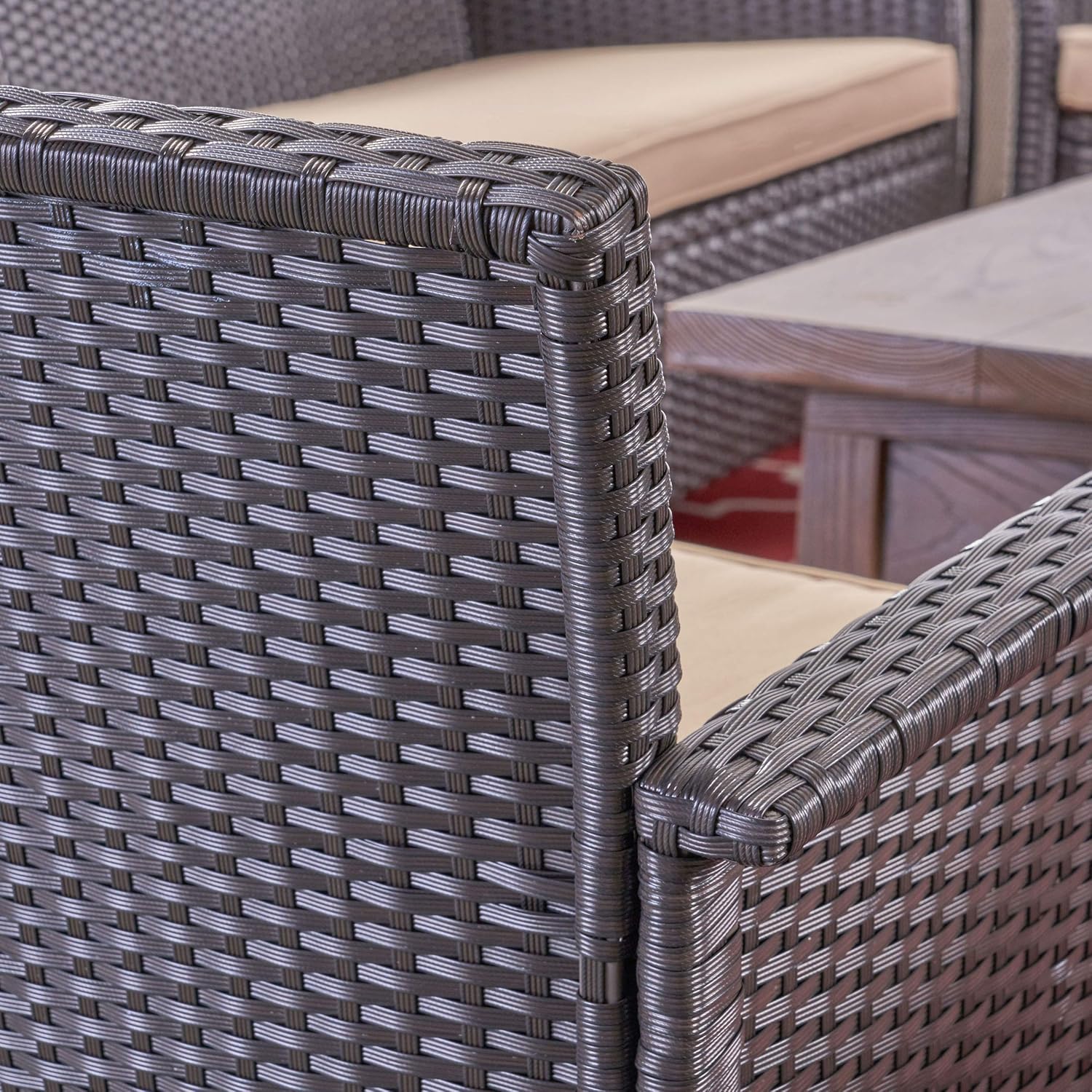 Great Deal Furniture GDFStudio Outdoor 7 Seater Wicker Chat Set with Fire Pit, Brown and Tan and Dark Gray