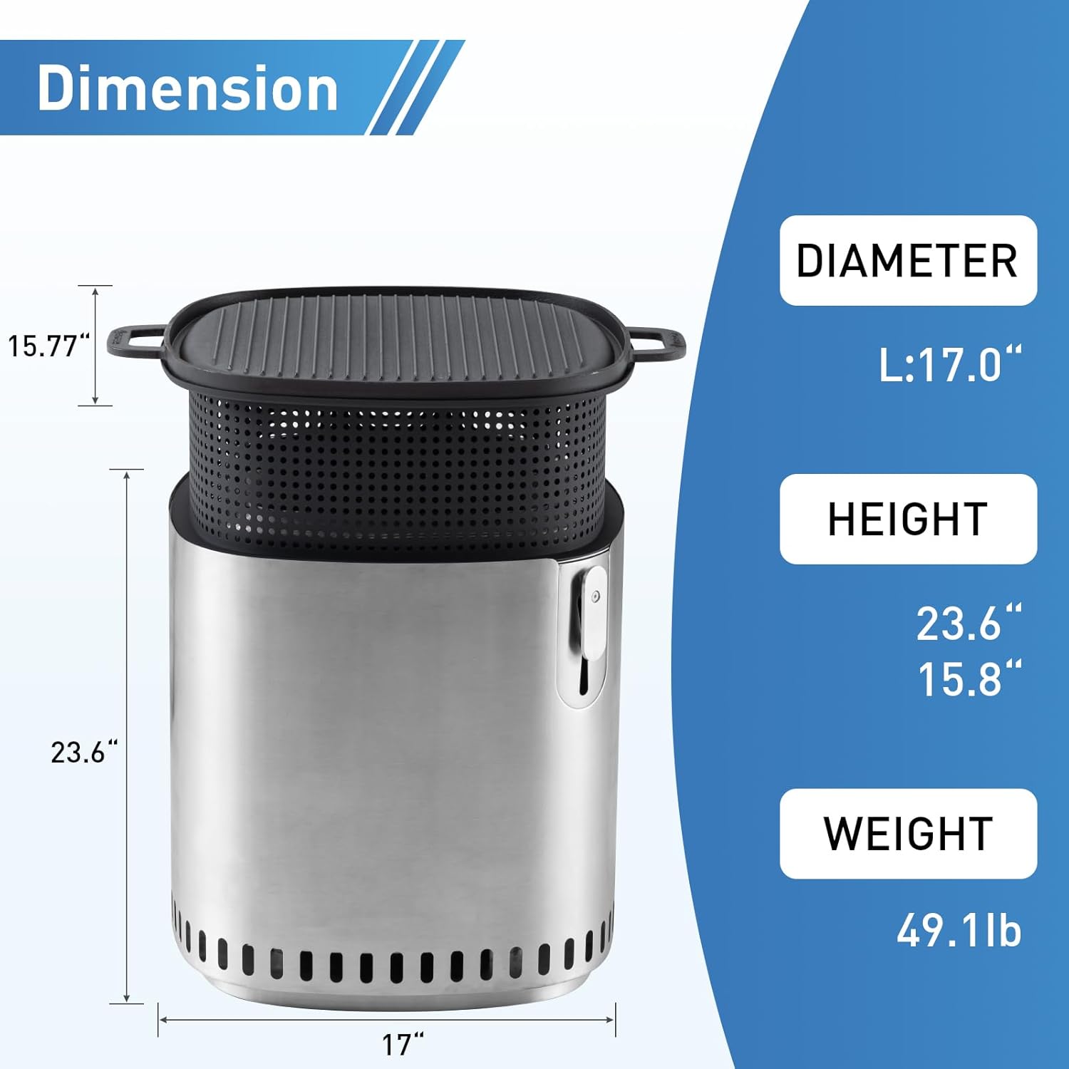 SUNBURY Smokeless Fire Pit for Outside w Grill Pan, Stainless Steel Adjustable Bonfire Wood Burning Fireplaces w Removable Ash Pan & Bag, 17in Large Outdoor Stove for Camping BBQ Family Gatherings