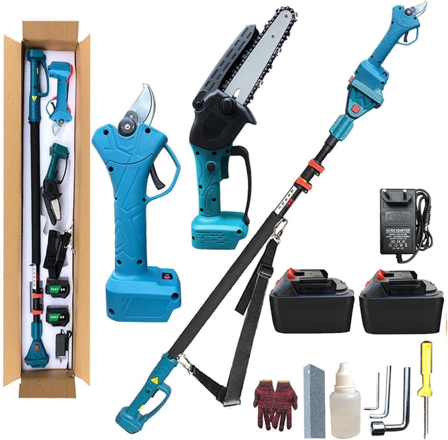 4-IN-1Cordless Pole Saw 8 Inch& Electric Pruning Shears,Brushless Mini saw with 125-220 cm Extension Pole, with 2 1.3Ah Battery, Multi-Angle for Tree Branches Trimming