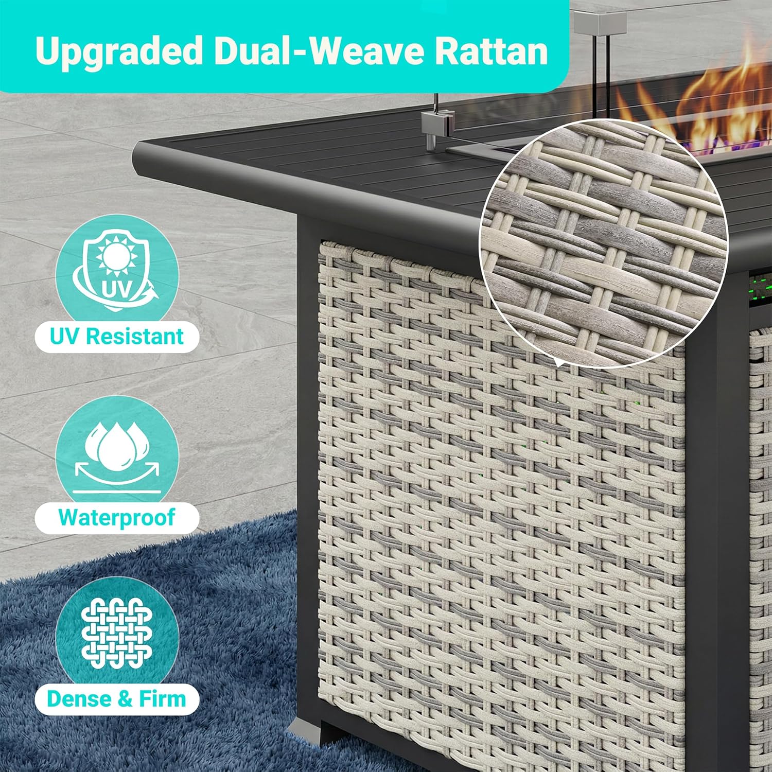 43 Inch 55,000 BTU Propane Gas Fire Pit Table, Outdoor Patio Fire Pit with Upgraded Rattan, Wind Guard, Blue Glass Stones, Extended Table Edge for Extra Storage, Easy Assembly, Grey