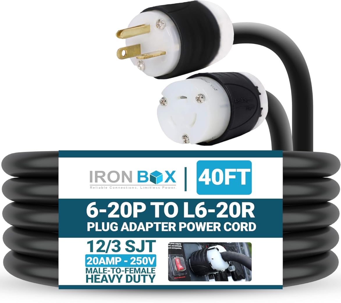 IronBox Electric 6-20P to L6-20R Plug Adapter Power Cord - 20A, 250V, 12/3 SJOOW- UL Listed Power Cord Extension Cable - Heavy Duty Plug and Connector for Generator, Data Centers & More (40ft, Build)