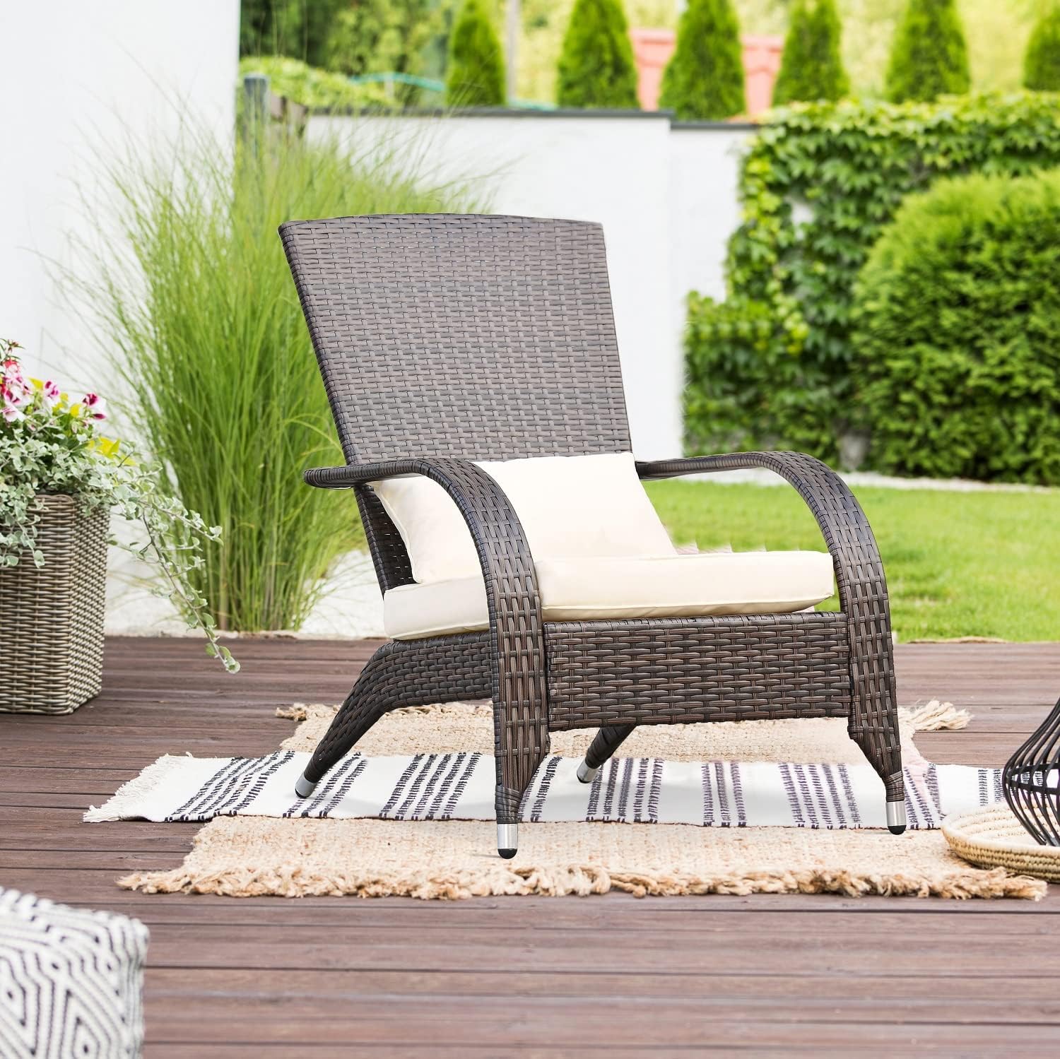 Outdoor Patio Wicker Adirondack Chair Outside Fire Pit Chairs Oversized Comfy Coconino Rattan Armchair Low Deep Seating High Back with Cushion and Pillow for Porch Deck Balcony Lawn Backyard Cream