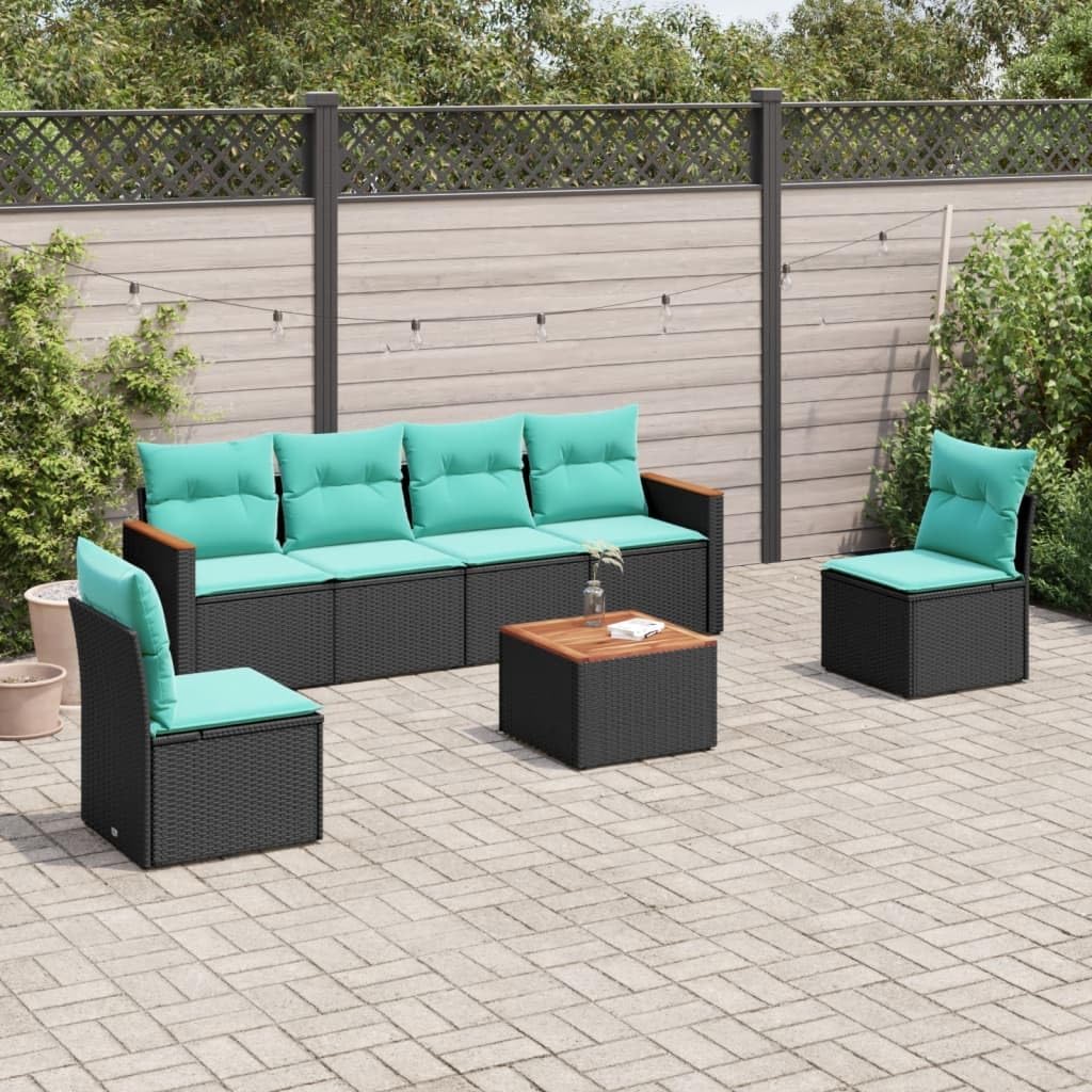 7 Piece Garden Sofa Set with Cushions, Black Poly Rattan Outdoor Furniture, Modular Patio Table and Chairs Set for Backyard Terrace