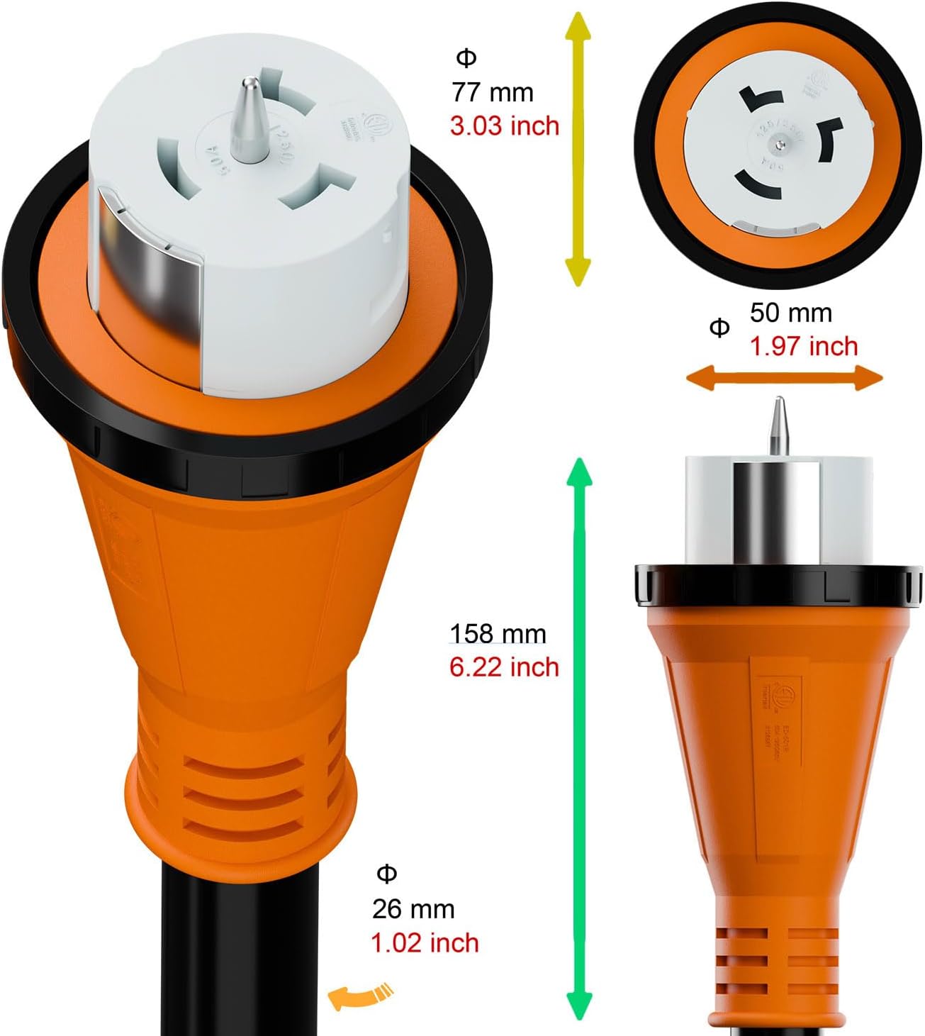 Nema SS 2-50P Waterproof RV 50Amp Power Inlet Box and SS 2-50P Extension Cable 25 FT, AC0070