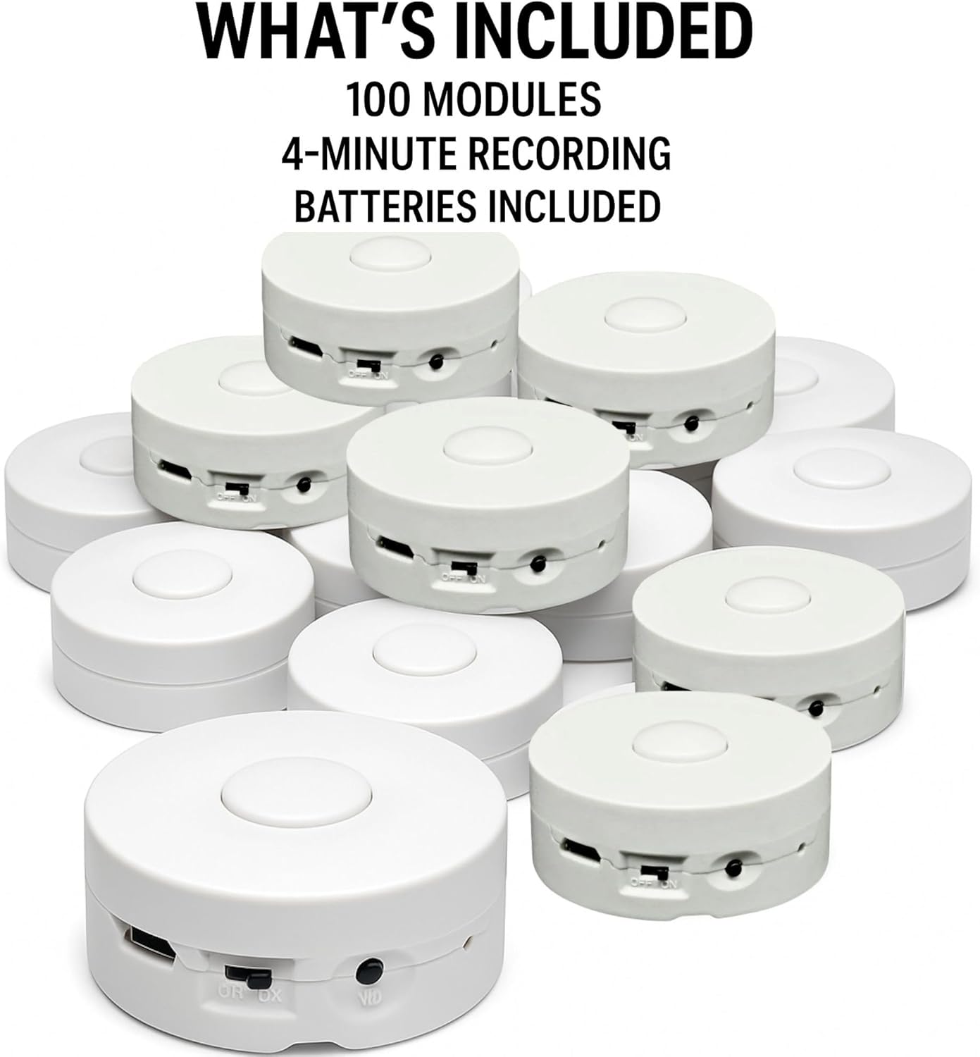 RediTech Go™ White Recordable Voice Modules – 100 Pack – 4-Minute Audio Playback – Upload MP3 Files – for Plush Toys, Crafts, Pillows & Keepsakes – Batteries Included