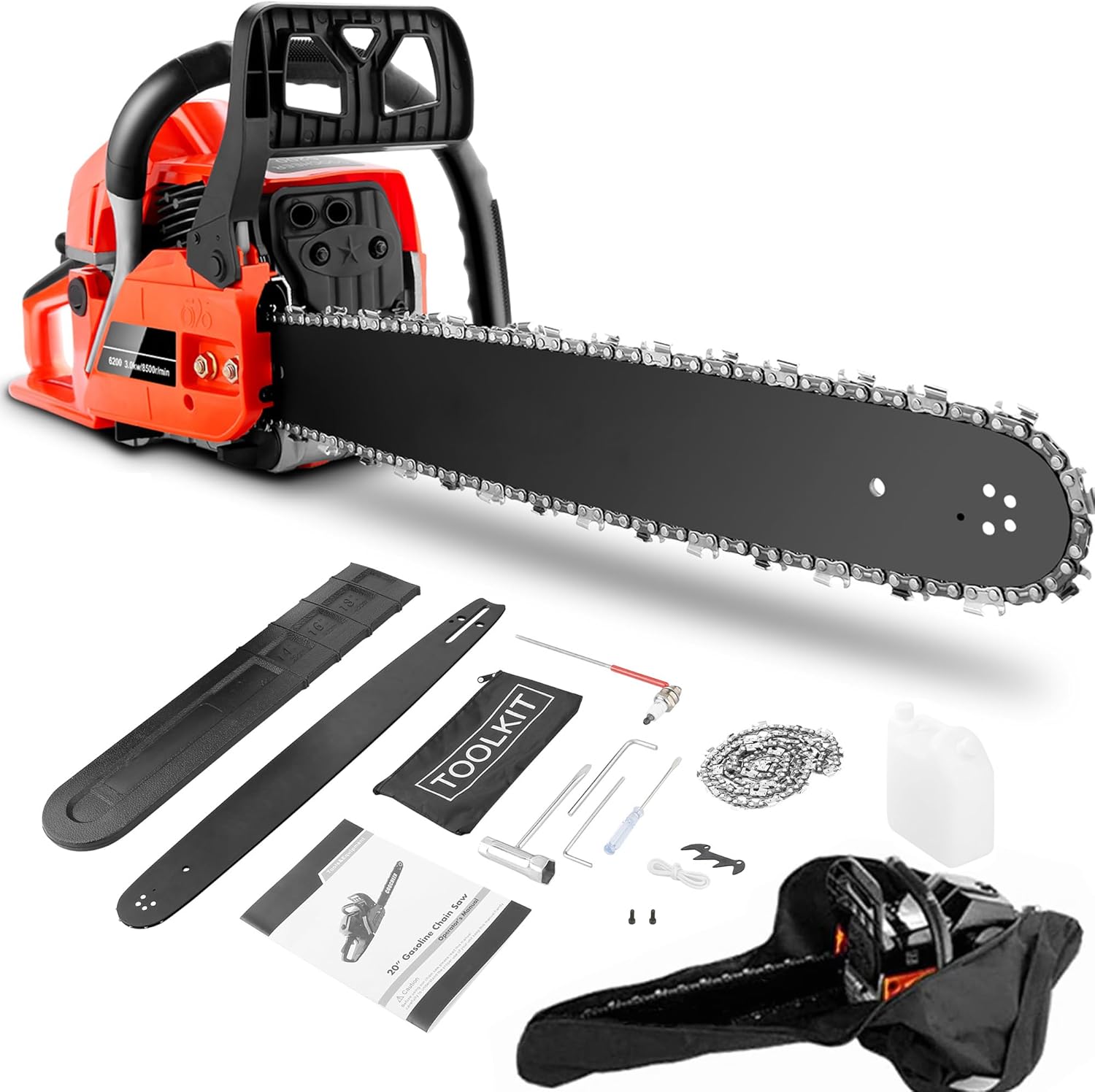 Homdox Gas Powered Chainsaw, 62cc 3.5 HP, 2-Cycle Engine, 20 Inch Gas Chainsaw with Carrying Bag & Tool Kit for Wood Cutting and Tree Pruning