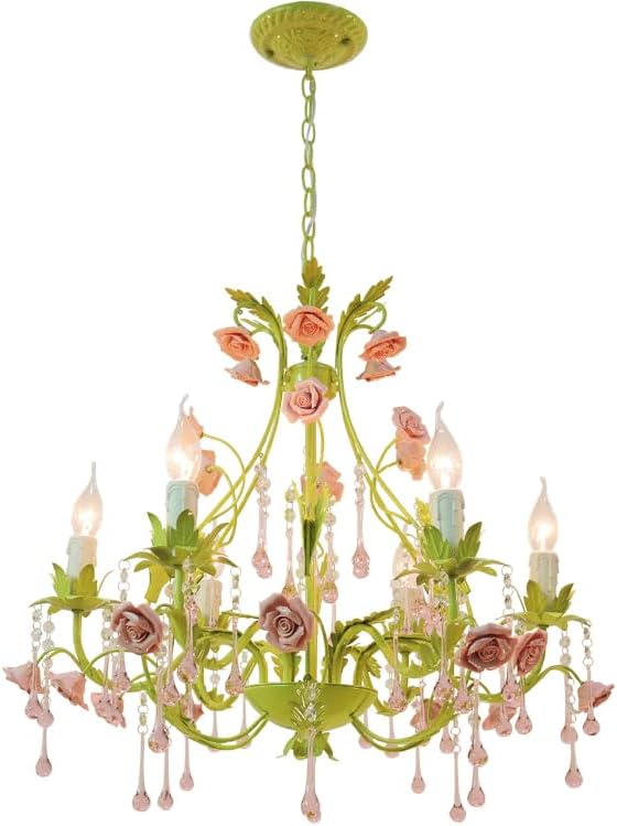 Green Crystal Chandelier Farmhouse Pink Rose Flower Chandelier for Foyer 6 Lights Candle French Country Chandelier Large Modern Pendant Light for Girls Bedroom Dining Room Kitchen Island