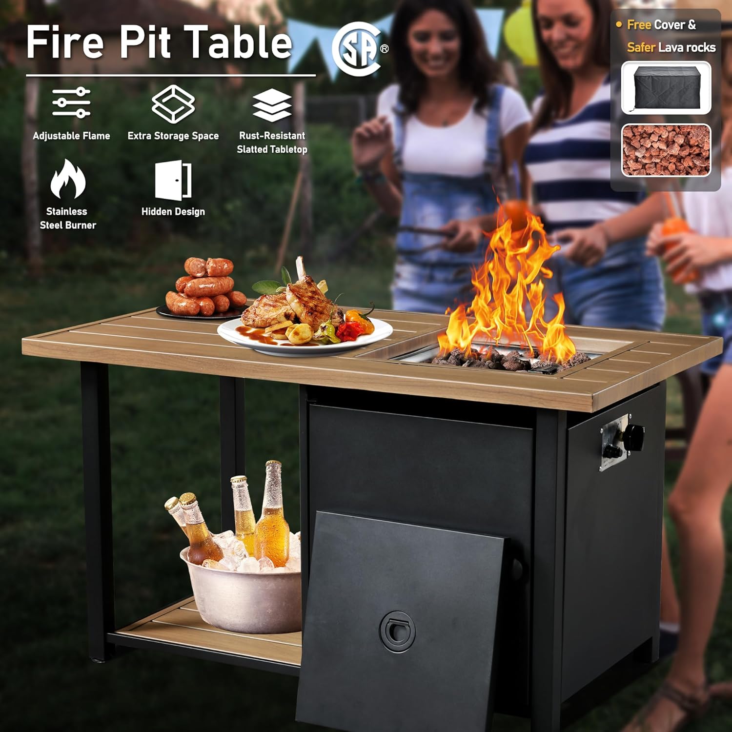 HOOOWOOO 5 Piece Patio Set with Fire Pit Table, Outdoor Wicker Furniture, All Weather Resistant High Back Rattan Outside Furniture (Orange Red)