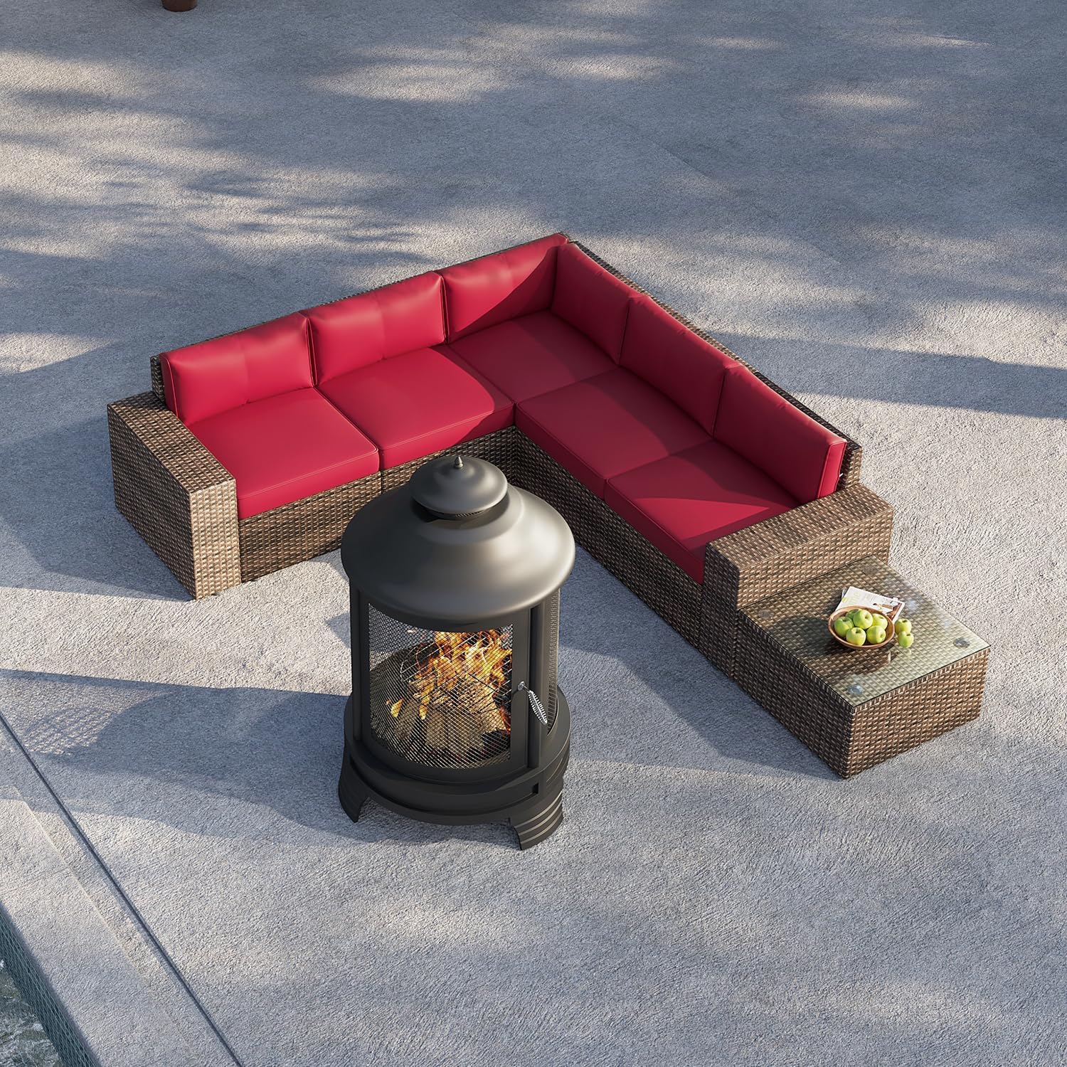 oneinmil 7-Piece Outdoor Furniture Set, with Large Fire Pit Chiminea, 2 in 1 Fire Pit for Outdoor, Wicker Rattan Sectional Conversation Set, and Coffee Table