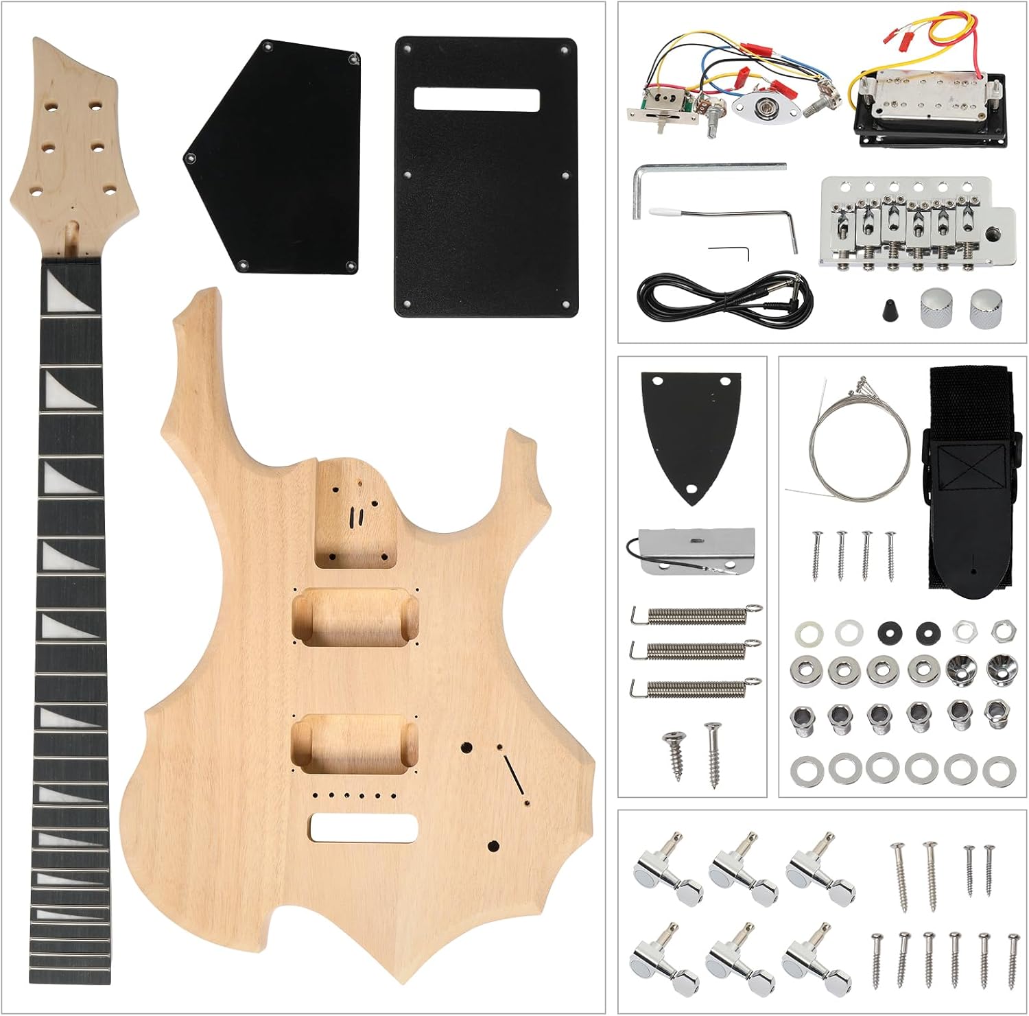 DIY 6 String Flame Shaped Style Electric Guitar Kits with Mahogany Body, Maple Neck and Accessories
