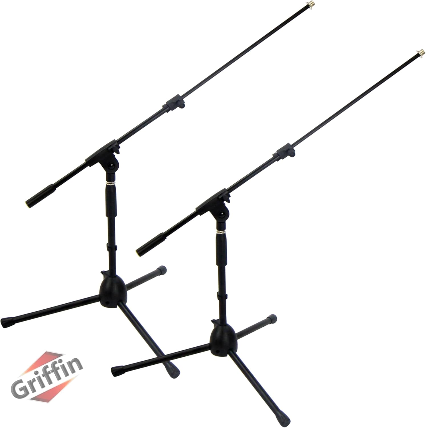 GRIFFIN 2 Pack Short Tripod Mic Stands (Low Profile-X Series) with Boom Arm & Telescoping Holder – For Kick Drum, Studio Recording & Guitar Amp Mic