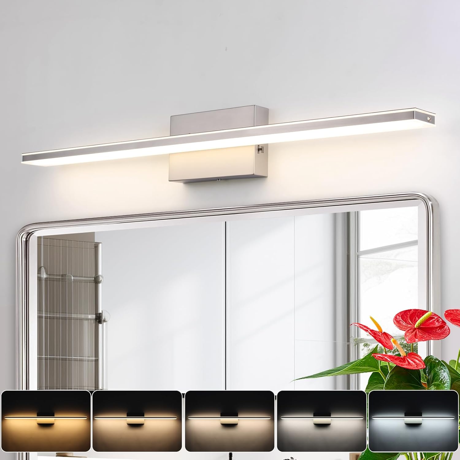 LED Brushed Nickel Vanity Light for Bathroom Lighting Fixtures Over Mirror Modern Bath Vanity Lights Bar 24W 5CCT Diammable Bathroom Lights 31.5 inch