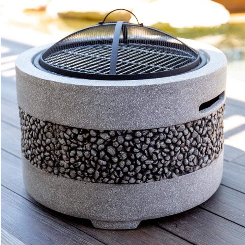 Outdoor Fire Pit Bowl & Grill Round Shaped, 55 cm Edging of Artificial Stone for Outside Patio, Decking, Lava Rocks
