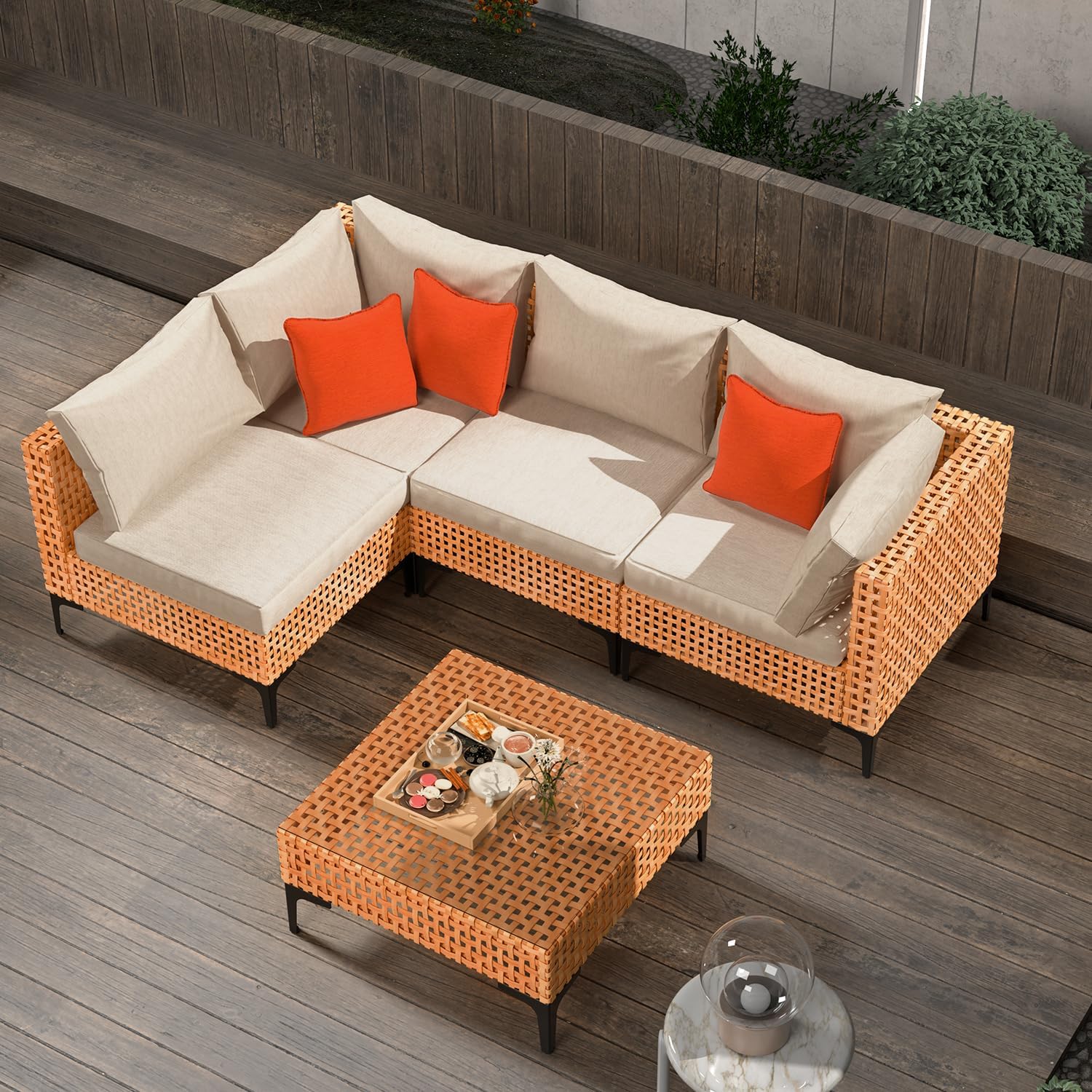 5 Piece Patio Furniture Set Modular Outdoor Furniture Set Wicker Sectional Patio Sofa with Table Cushions Patio Set for Balcony Porch Deck Yard (Salmon&Orange Wicker, Sand Cushion)