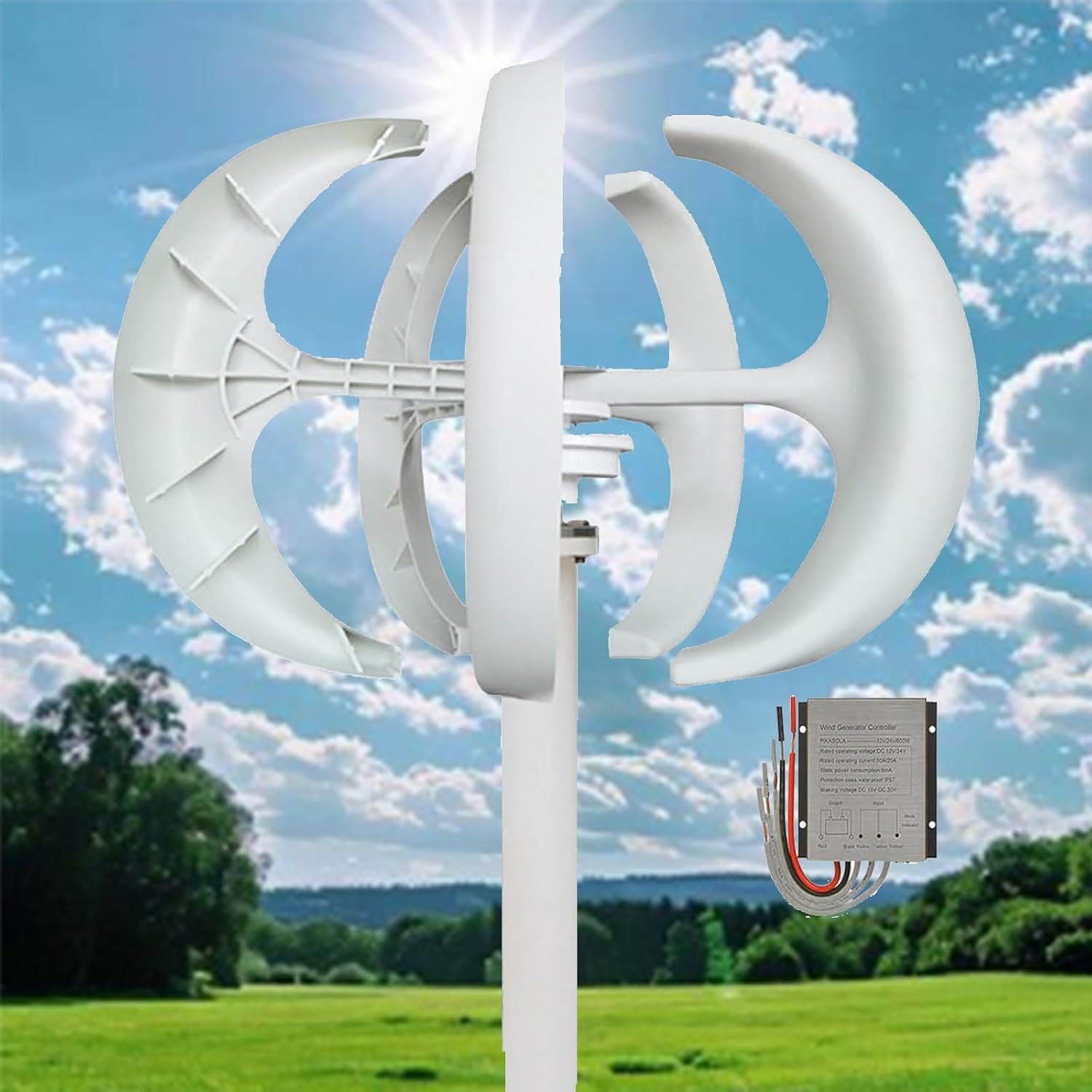 16000W Wind Turbine Generator Kit - 12V/24V/48V, 5-Blade Horizontal Electromagnetic Power Producer, Efficient Renewable Energy Solution (White, 48V)
