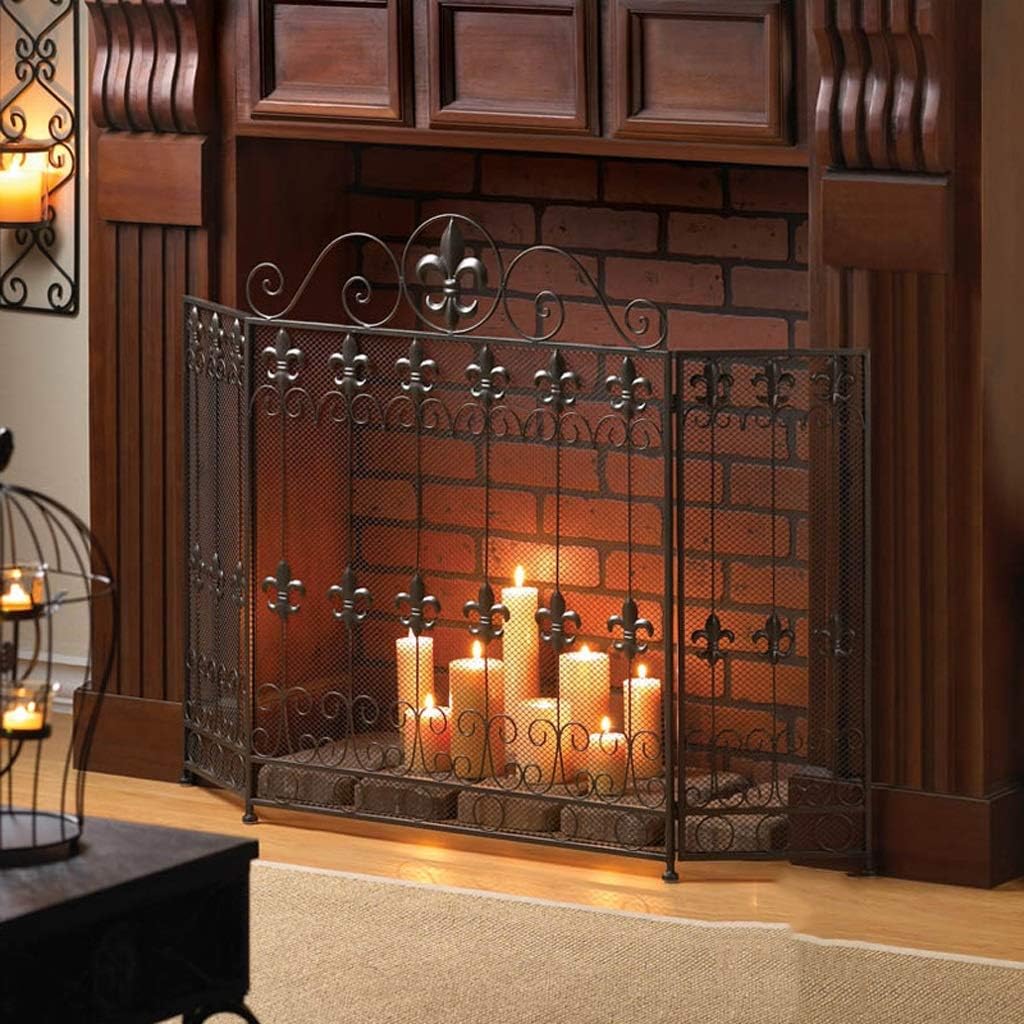 Fireplace Guard Screen, Wrought Iron Fire Safety Partition, American Black Decorative Spark Cover for Living Room, Embedded Mantelpiece Heating Guardrail,