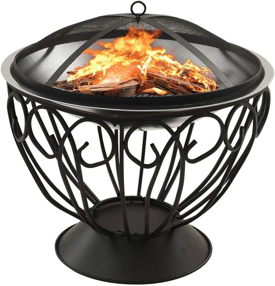 BBQ Grill Outdoor 22''fire Pit Outdoor Wood Burning Firepit Bbq Grill Steel Fire Bowl with Spark Screen Cover and Poker,for Camping Beach Backyard