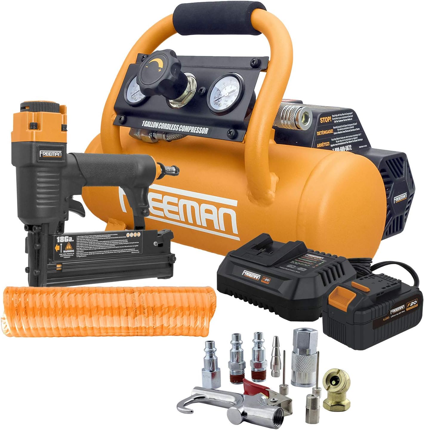 Freeman Combo Cordless Air Compressor 1 Gallon 20 Volt, with 3-in-1 Pneumatic Finish Nailer and Stapler, Lithium-Ion Battery, Quick Charger, Air Hose, Inflation Accessory Kit and Fasteners PE1GCCK