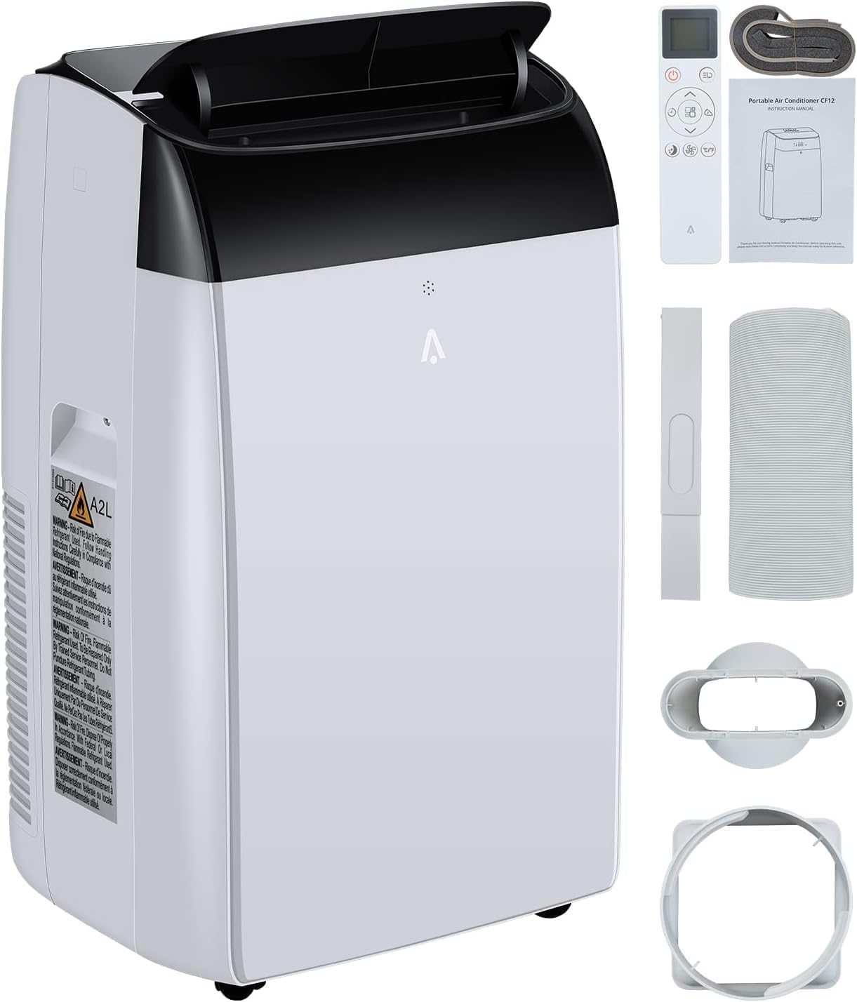 Portable Air Conditioner - 12,000 BTU, 3-In-1 Functionality (Cooling, Dehumidifier, Fan), Cools Up to 450 Sq.Ft, Remote Control, 24-Hr Timer, Smooth Caster Wheels, Ideal for Home，Black top cover