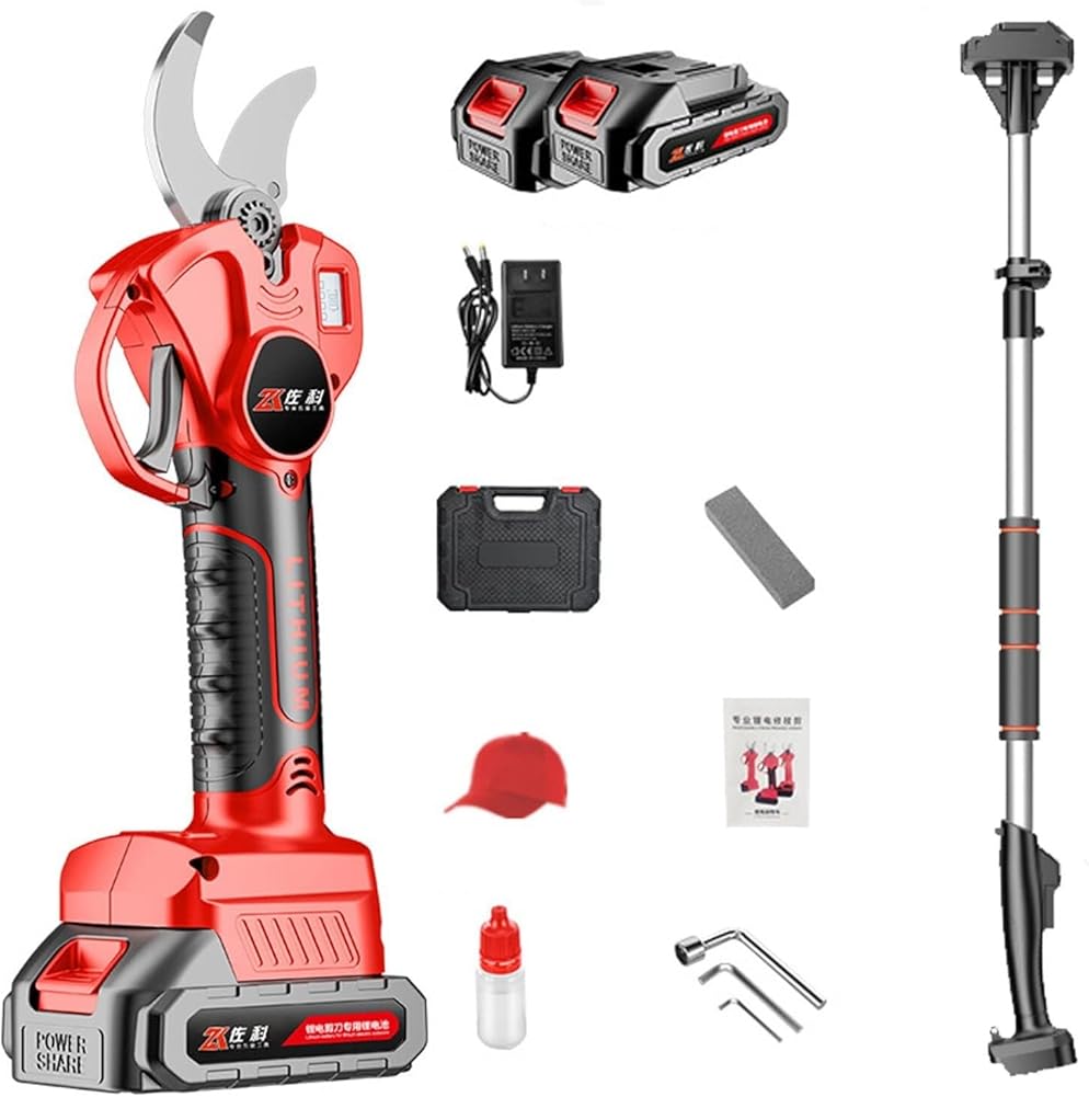 Cordless Electric Pruning Shears, Extendable Tree Pruning Pruner 21V 30mm Cut Electric Pruner Battery Powered,with Extension Pole, LCD Display Screen (2battery 1blade)