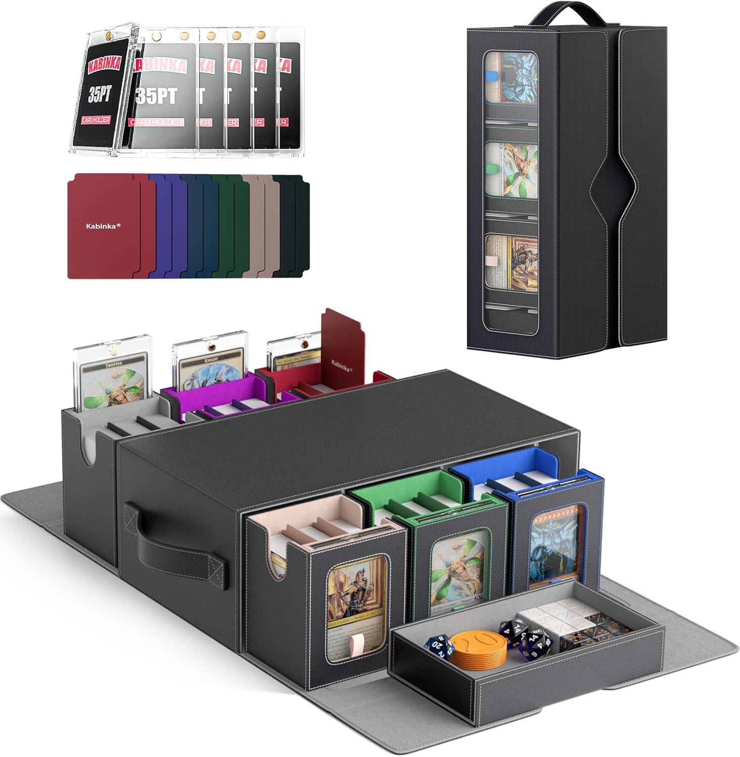 Kabinka MTG Commander Deck Box, 6-Deck Modular Card Case with Dice Tray - Holds 600+ Double-Sleeved Cards, 35PT Magnetic Holders & 100 PCS Card Sleeves for TCG/EDH (Multicolor)