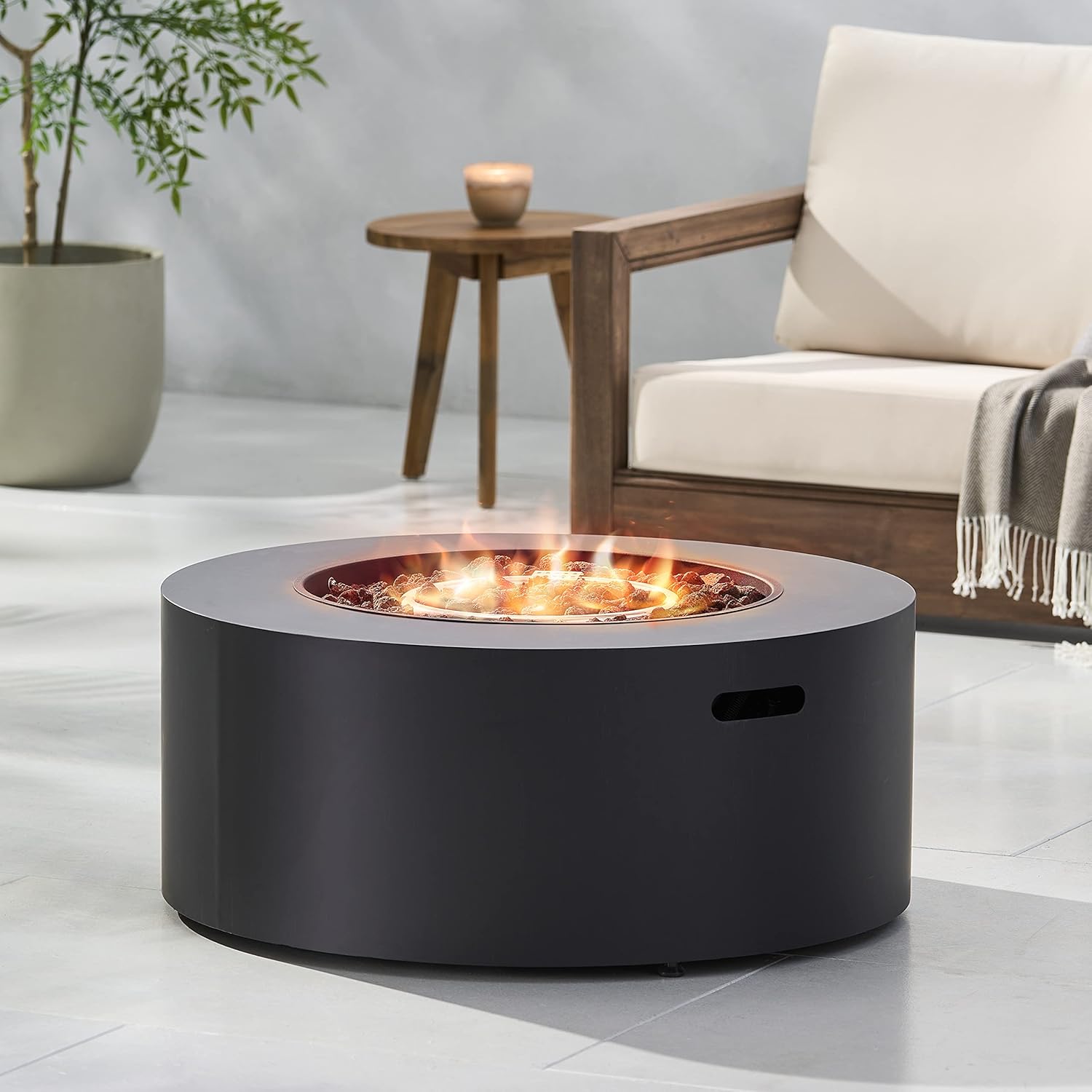 32 Inches Dark Grey Round Propane Fire Pit – 40,000 Btu Outdoor Patio Heater with Lava Rocks, No Tank Cover Included – Backyard Deck (1 Doors)