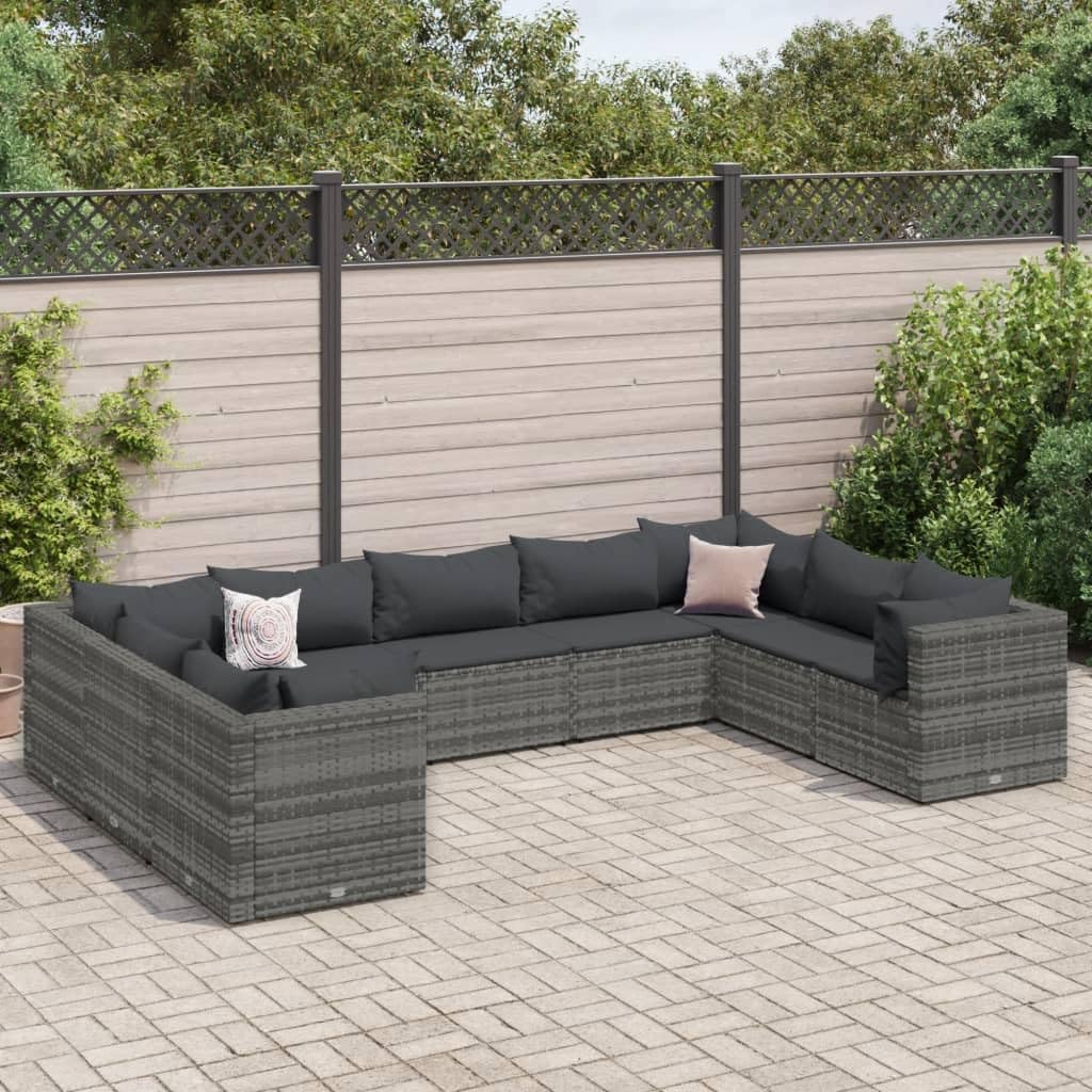 9 Piece Patio Lounge Set with Cushions Gray Poly Rattan,Versatile Rattan Patio Lounge Set: Modular Outdoor Furniture for Cozy Gatherings Patio Furniture Sets, Outdoor Furniture Sets