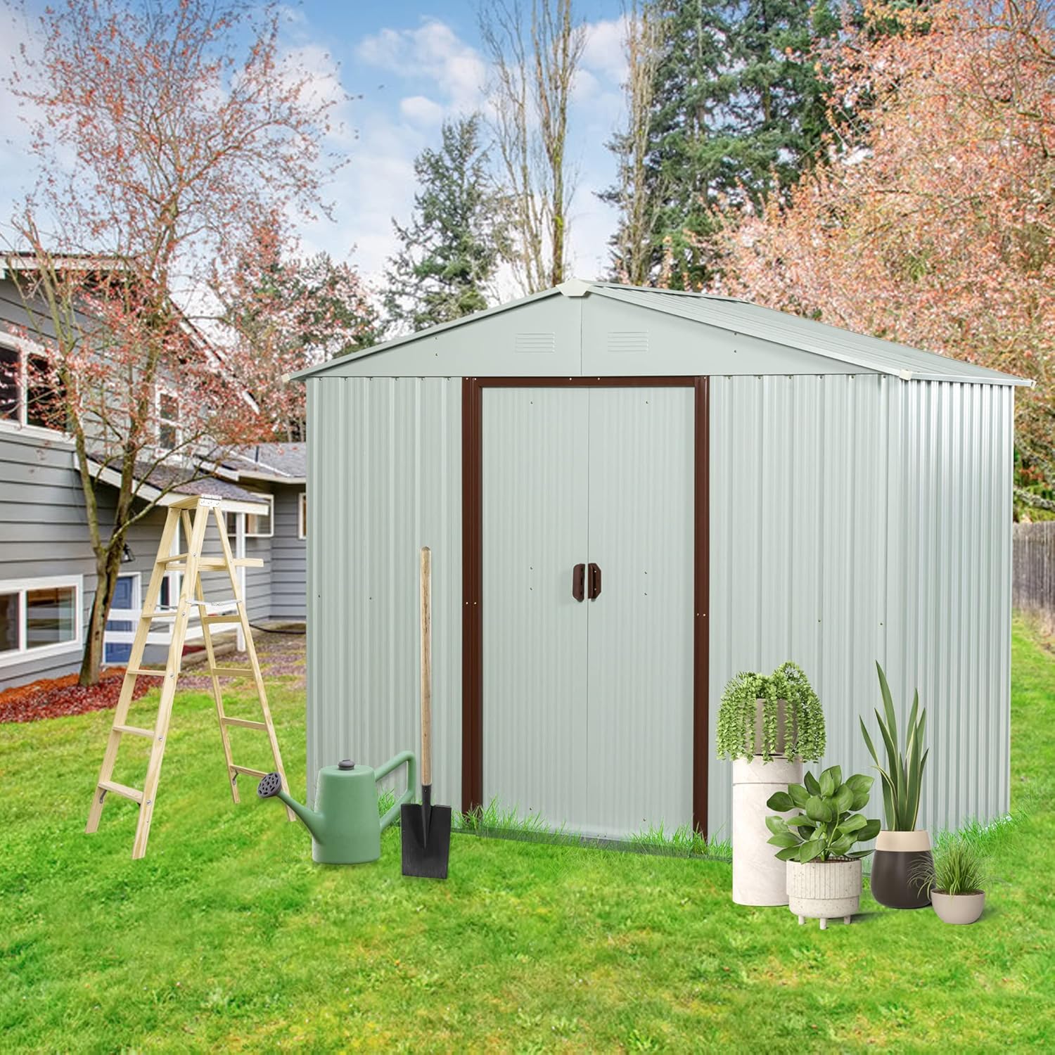 6X5 ft Outdoor Metal Storage Shed with Floor Foundation, Lockable Galvanized Steel Tool Shed with Sliding Door and Air Vent, Waterproof Garden Storage House for Backyard, Patio