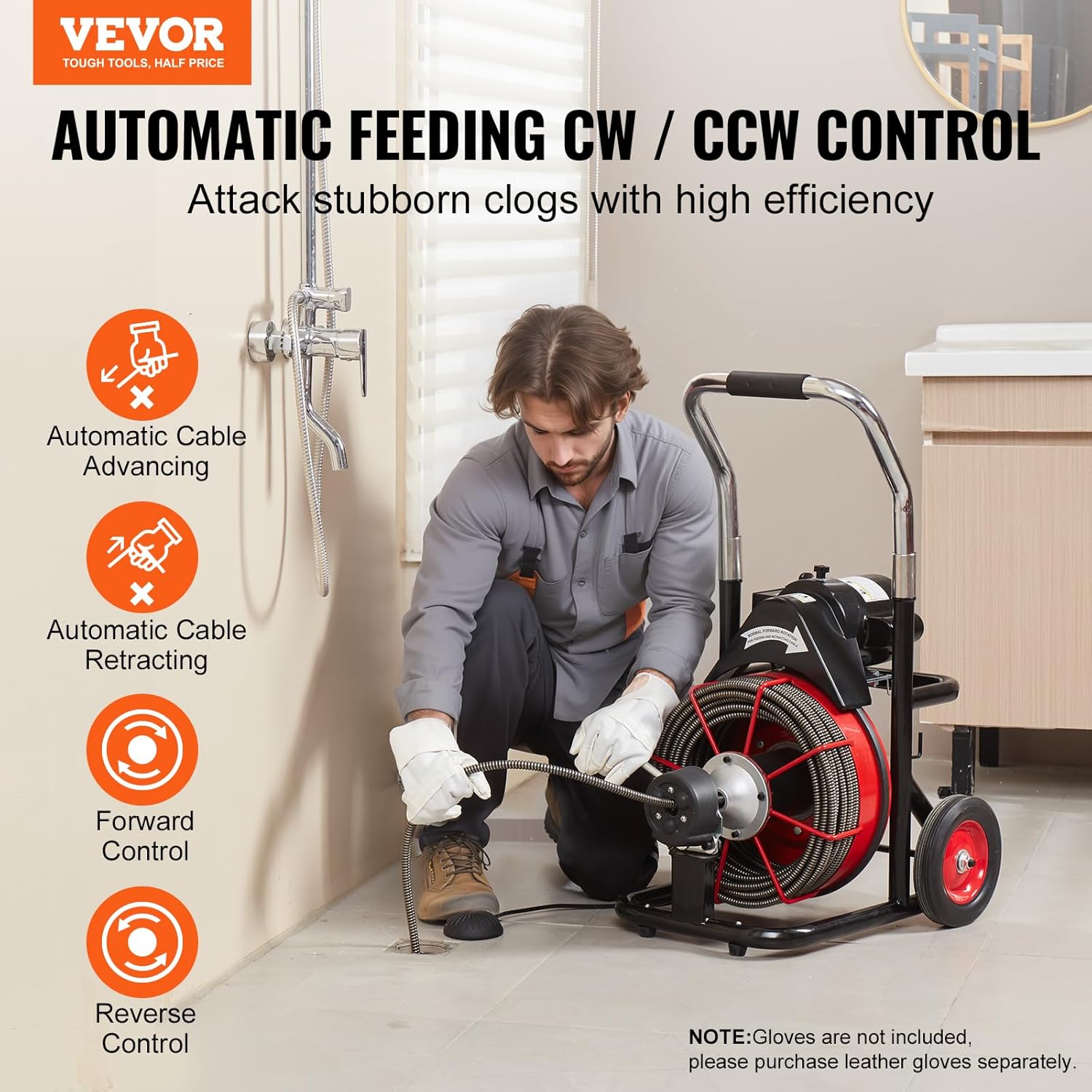 VEVOR Drain Cleaner Machine 100FT x 1/2 Inch, Auto Feed Sewer Snake Auger on Wheels, 550W Portable Drain Cleaning Machine with 8 Cutters & Air-activated Foot Switch for 2