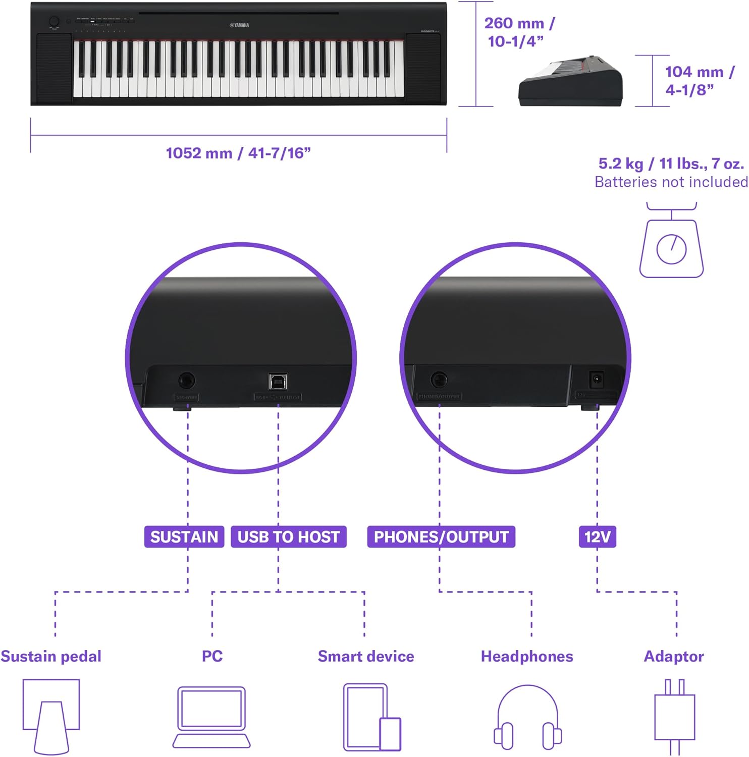 Yamaha NP-15 Piaggero Digital Keyboard - Lightweight and Portable Keyboard with 61 Velocity Keys and 15 Tone Colours