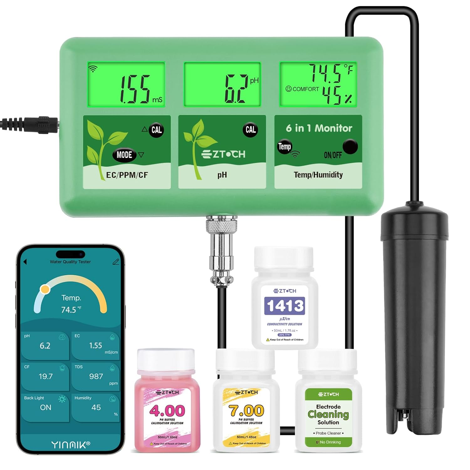 pH EC Continuous Monitor for Hydroponic, 6 in 1 WiFi EC PPM pH Meter, Digital pH TDS Temp Humidity Tester for DWC Hydroponic System, Aeroponic Gardening, Fish Tank, Aquarium