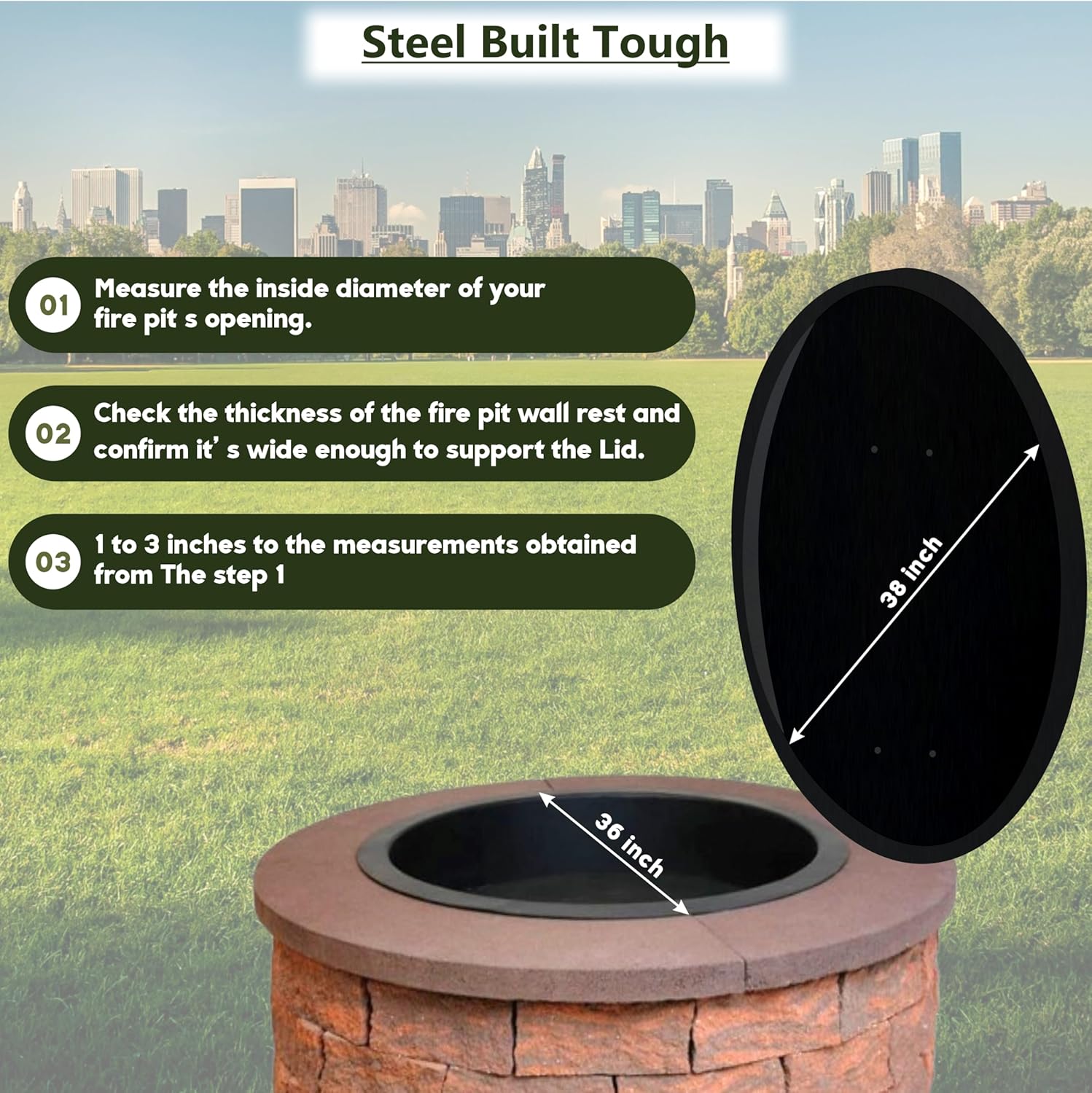 Febtech 38 Inch Solid Firepit Shield - 16 Gauge Heat Resistant Coated Carbon Steel Fire Pit Cover Round with 2 Ergonomic Wooden Handles - Fit for Fire Pit Inside Dia Up to 36