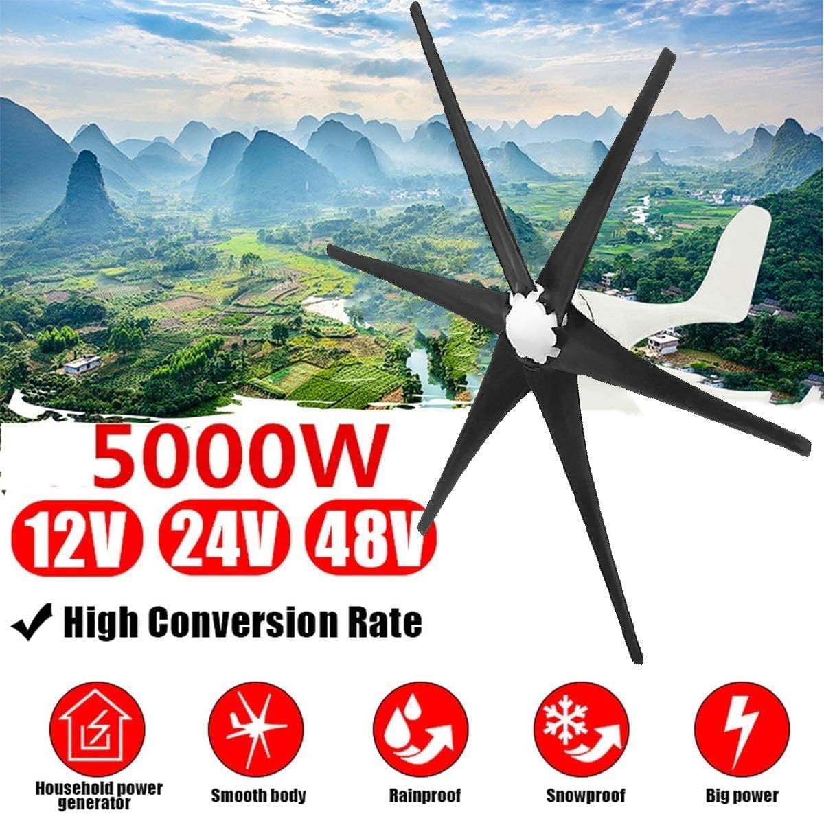 5000W Wind Turbines Wind Generator, 12V 24V 48V 6 Nylon Fibre Blade Horizontal Home Energy Windmill Energy Turbines Charging