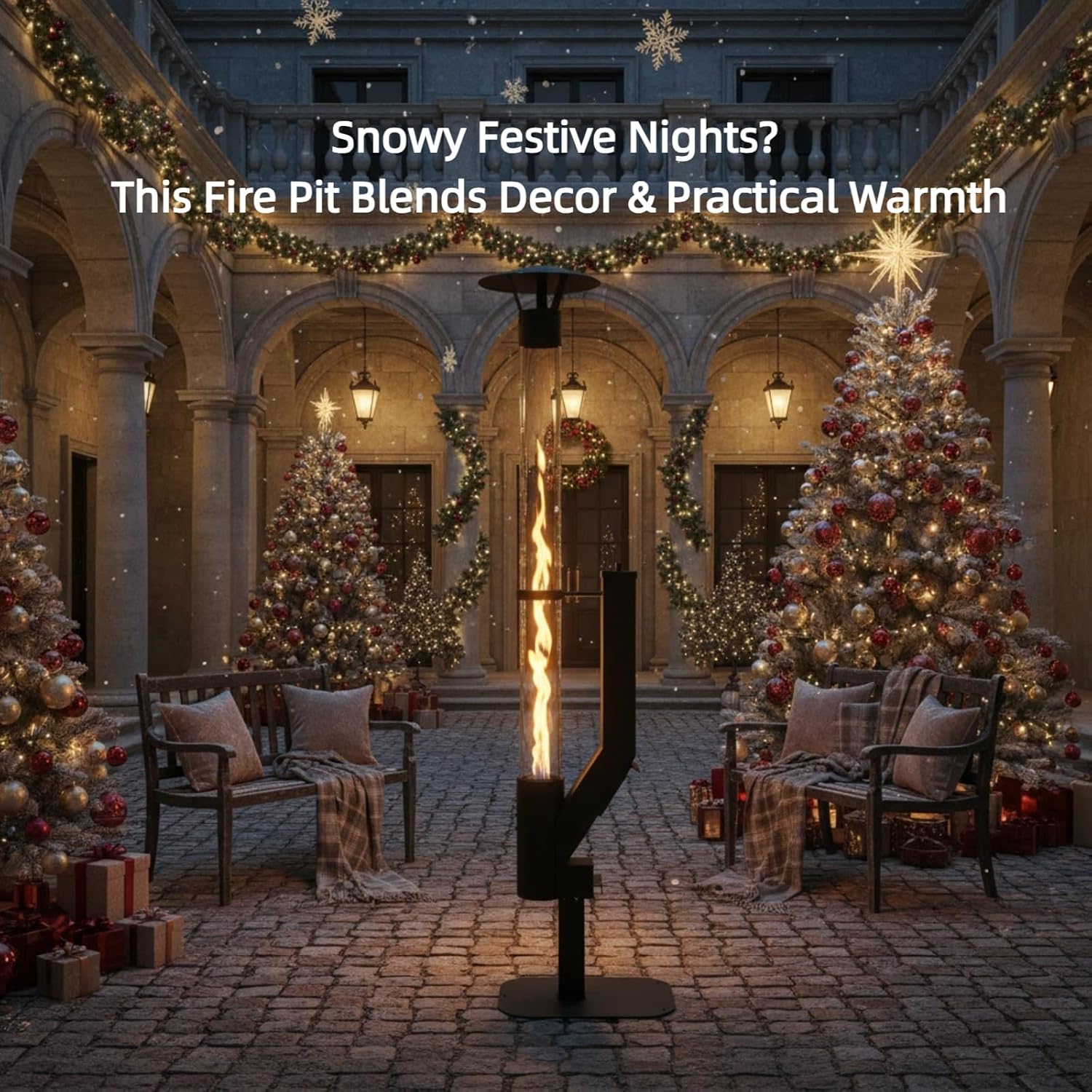 Wood Pellet Patio Heater with Spiral Swirling Flame Glass Tube, Anti-Tip Steel Base, Outdoor Fire Pit for Patio Garden Backyard, Stylish Design for Outdoor Heating & Ambiance (Black, Large)