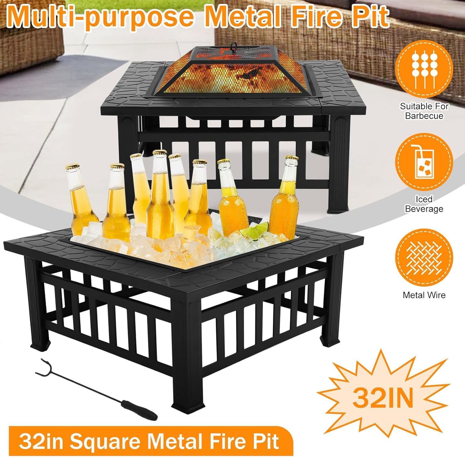 Bigacc Outdoor Fire Pit Wood 32in Square Metal BBQ Firepit Stove for Backyard Patio Garden Screen Bonfire Fire Pit with Outside Fireplaces Camping and Poker, Black