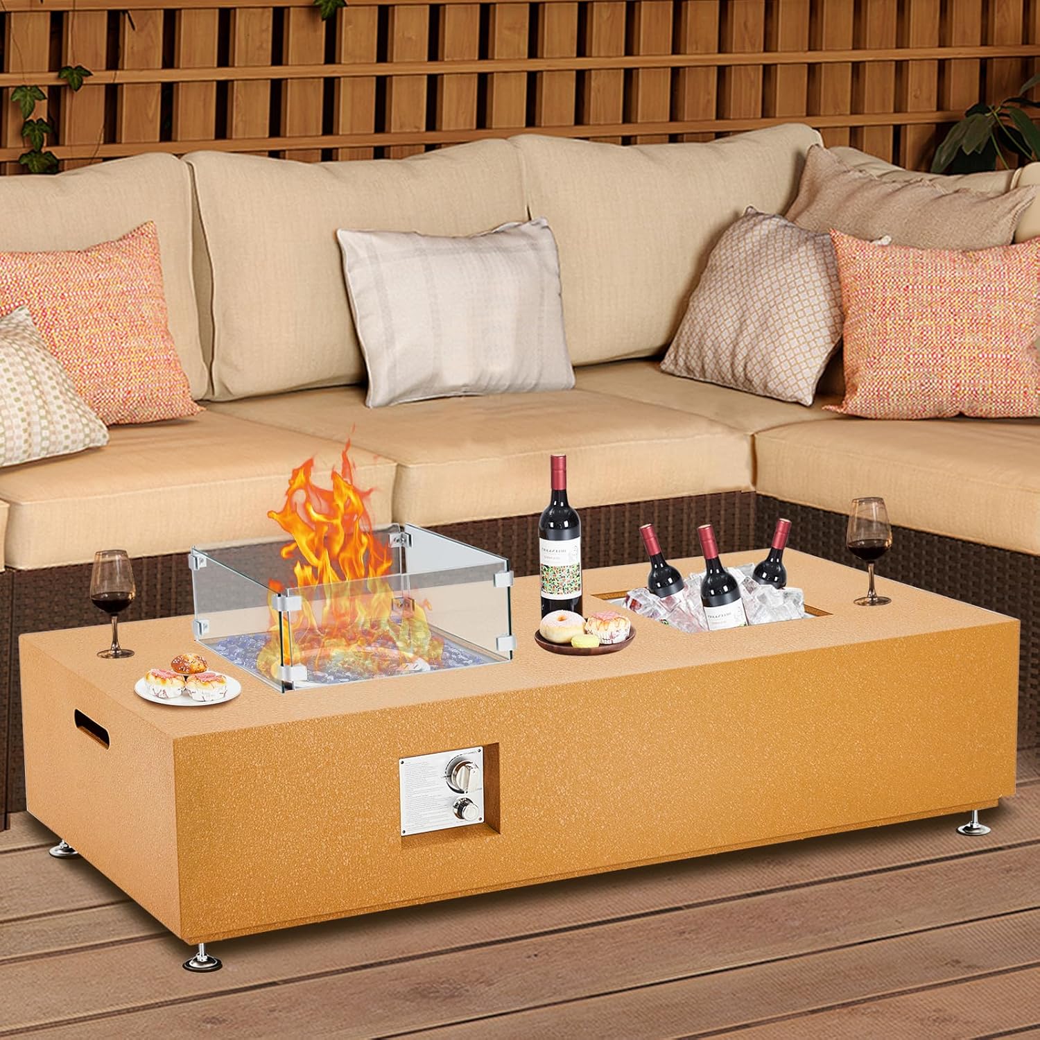 Outdoor Fire Table - 56 inch 50,000 BTU Glass Wind Guard, Lava Rocks, 13