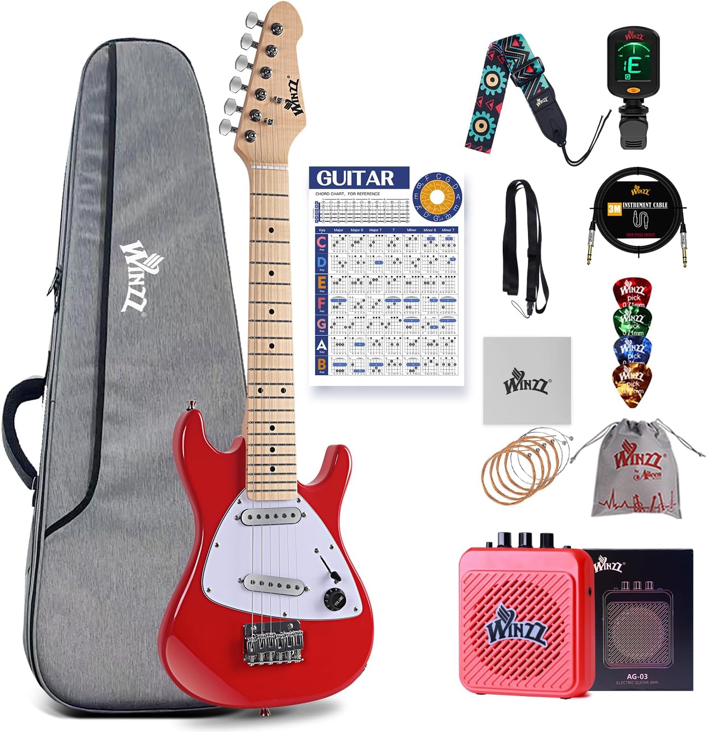 Winzz 30 Inch Kids Electric Guitar Beginner Kit, Junior 1/4 Size Mini Electric Guitar for Children Complete Stater Set with Amp, Gloosy Red Colour