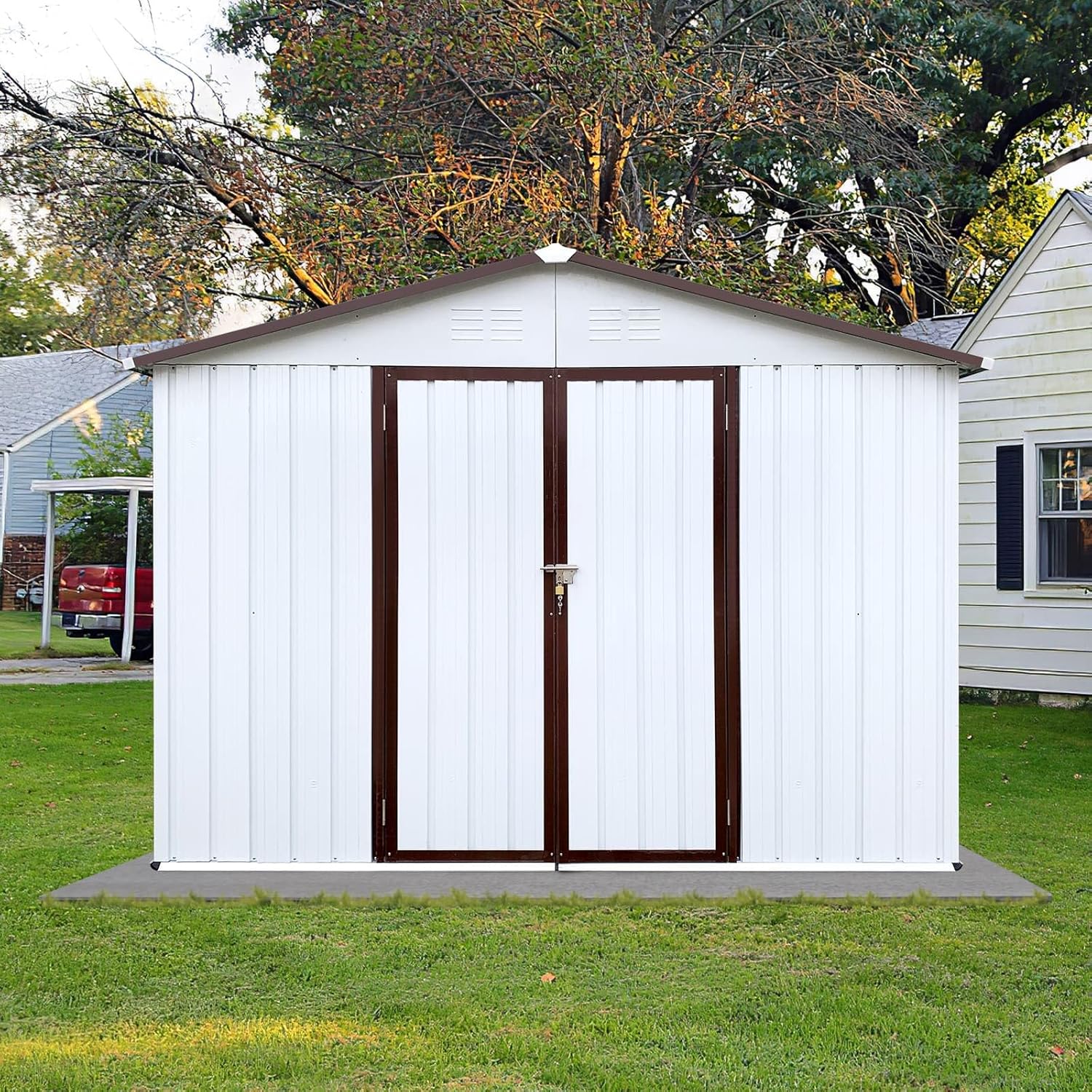 ZeHuoGe 10 x 8 FT Heavy Duty Tool House, Garden Padlock Sheds, Metal Outdoor Storage Sheds (White)