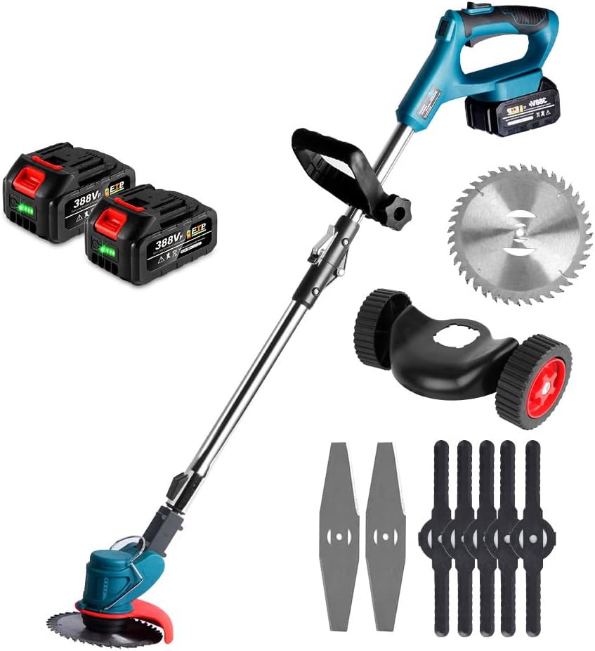 Electric Lawn Mower Cordless Mower, 1500W Multifunctional Folding Electric Lawn Mower with 3 Kind Blades, Portable Orchard Garden Rechargeable Weeding Machine with 2 Batteries