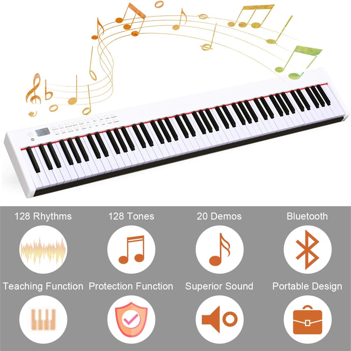 Costzon BX-II 88-Key Portable Touch Sensitive Digital Piano, Upgraded Electric Keyboard with MIDI/USB Keyboard, Bluetooth, Dynamics Adjustment, Sustain Pedal, Power Supply, and Black Handbag (White)