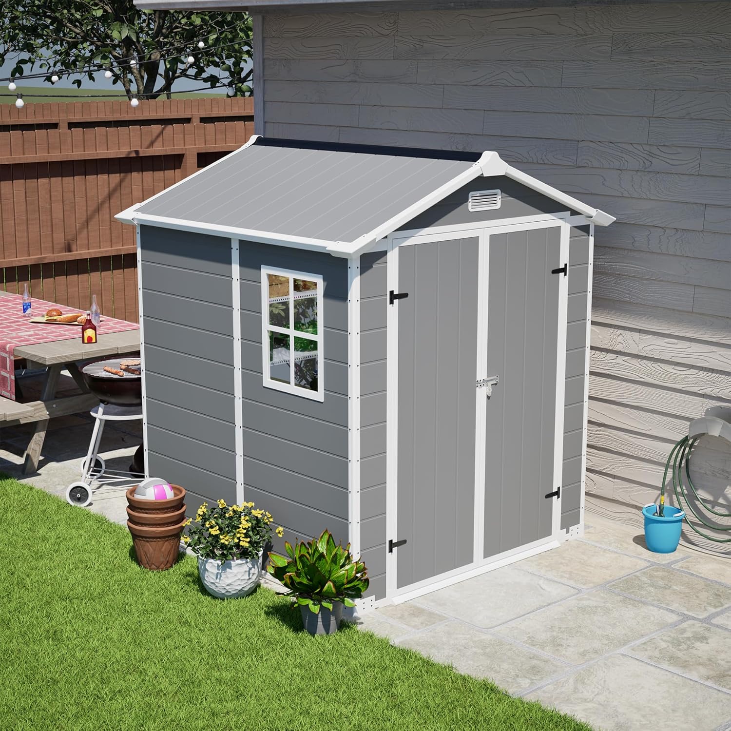 Resin Outdoor Storage Shed Kit Plastic Sheds Perfect to Store Patio Furniture, Garden Tools Bike Accessories, Beach Chairs and Lawn Mower, Grey (6x6 ft)