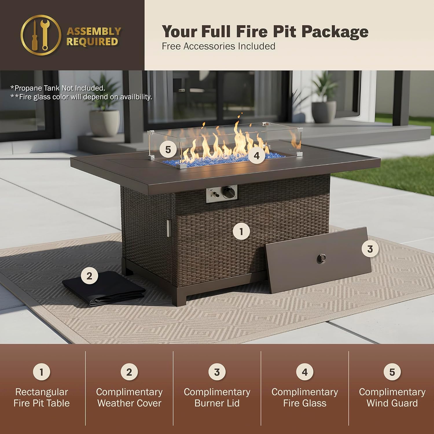 Kinger Home Novi Rattan 52-Inch Propane Gas Fire Pit Table with Rectangular Aluminum Frame, 50,000 BTU Outdoor Patio Firepit, Includes Wind Guard and Fire Glass, Brown