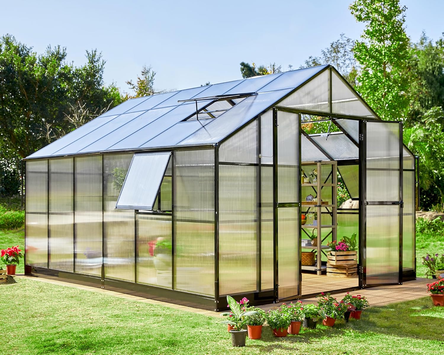 AMERLIFE 12×13.5×9 FT Walk-in Backyard Garden Greenhouse, Polycarbonate Panels, Aluminum Frame, Quick Connect Assembly, 6.7 FT Bronze Double Doors & 4 Vents, Black