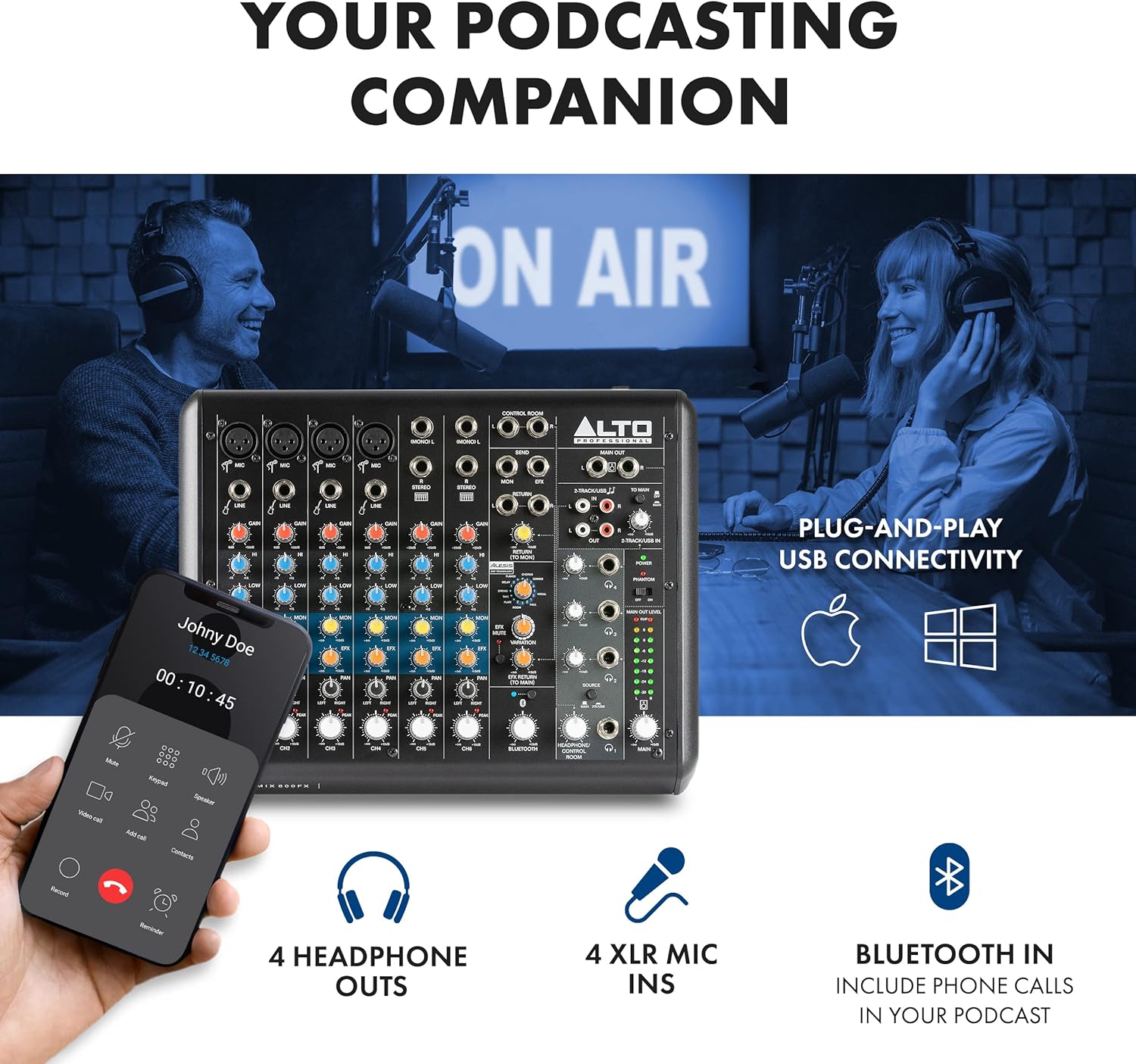 ALTO TrueMix 800FX audio Mixer with 4 XLR Mic Ins, USB Audio Interface and Bluetooth for Podcasting, Live Performance, Recording, DJ, Mac and PC