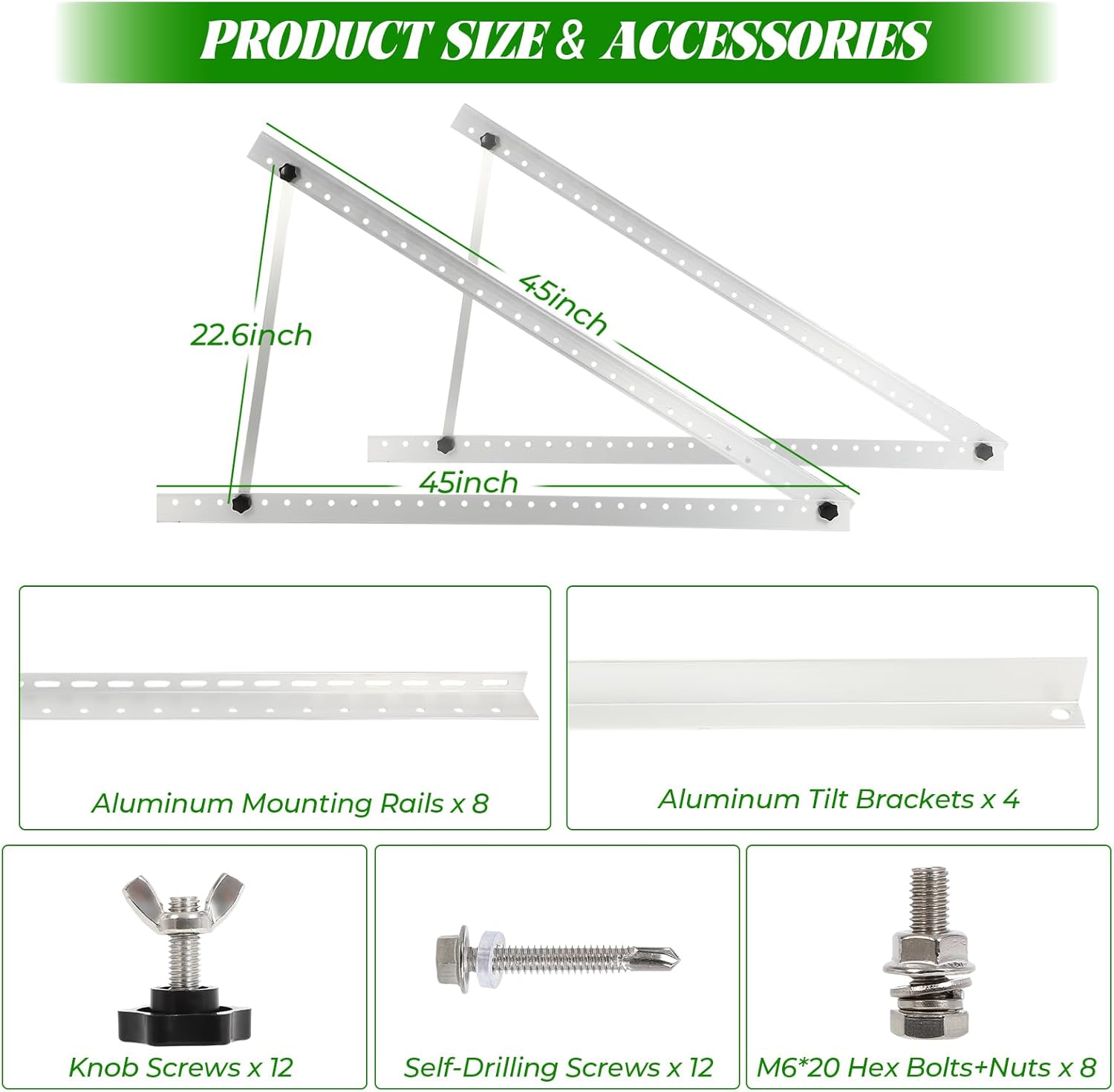 2 Sets Solar Panel Mount Brackets, 45inch Solar Panel Stands for Ground Roof RV Boat Off-Grid Camper, 0 to 90° Adjustable Photovoltaics Mounting Kit with Foldable Tilt Legs, for 2-4pcs 150-600 Watt