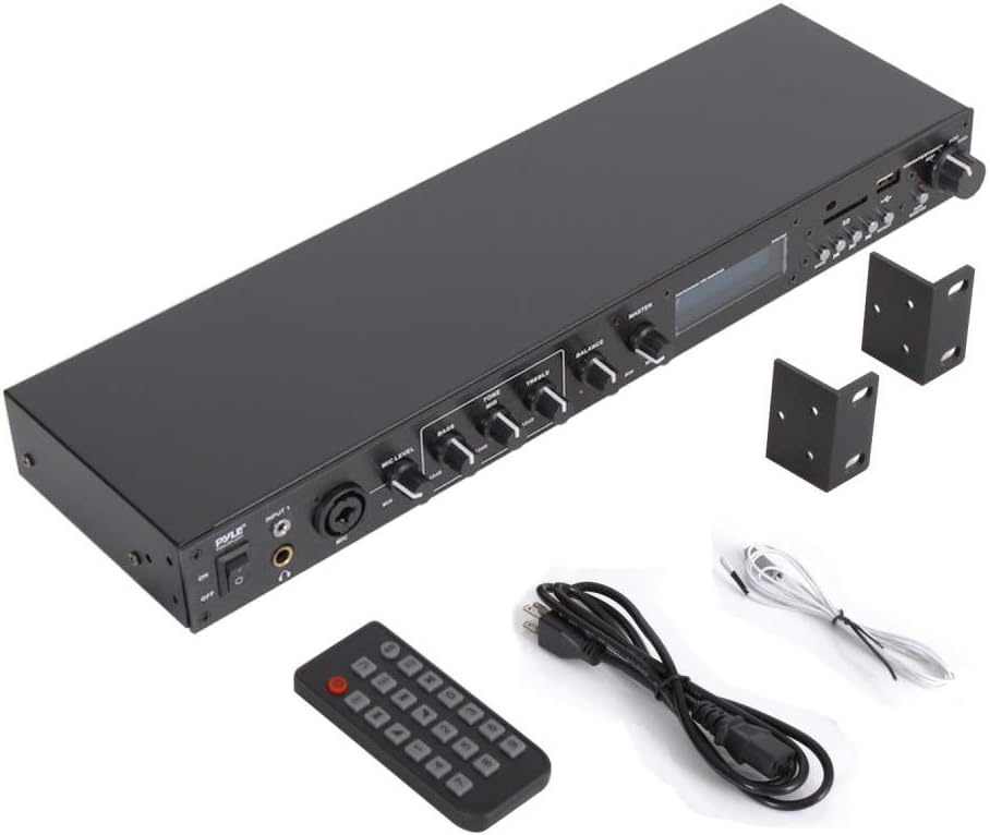 Pyle Rack Mount Studio Pre-Amplifier - Audio Receiver System w/ Digital LCD Display Bluetooth FM Radio Recording Mode Remote Control USB Flash or SD Card Reader Input and Output Jack - PPRE70BT