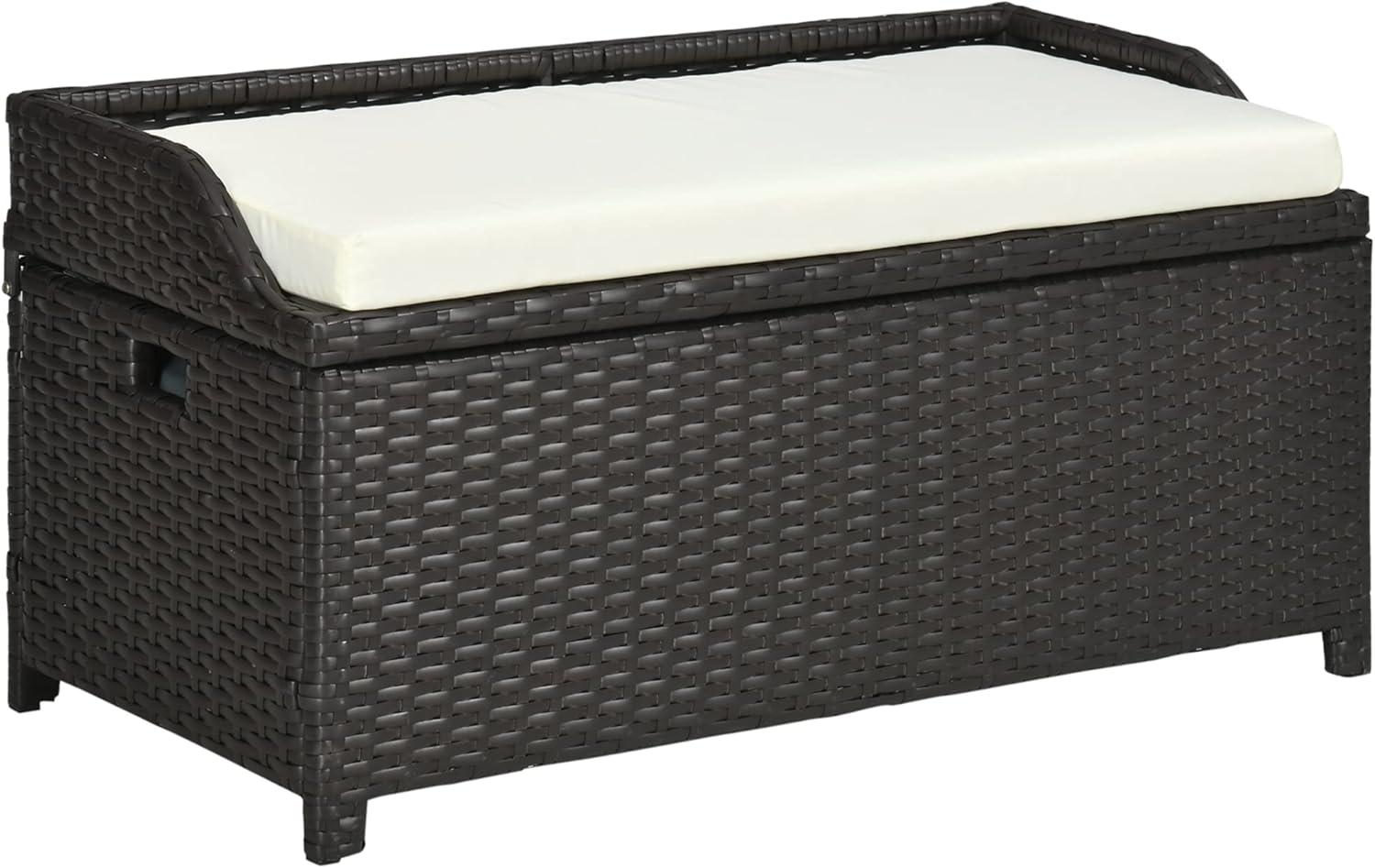 Outdoor Wicker Storage Bench Deck Box, PE Rattan Patio Furniture Pool Container Storage Bin with Interior Waterproof Bag and Comfortable Cushion, Cream White